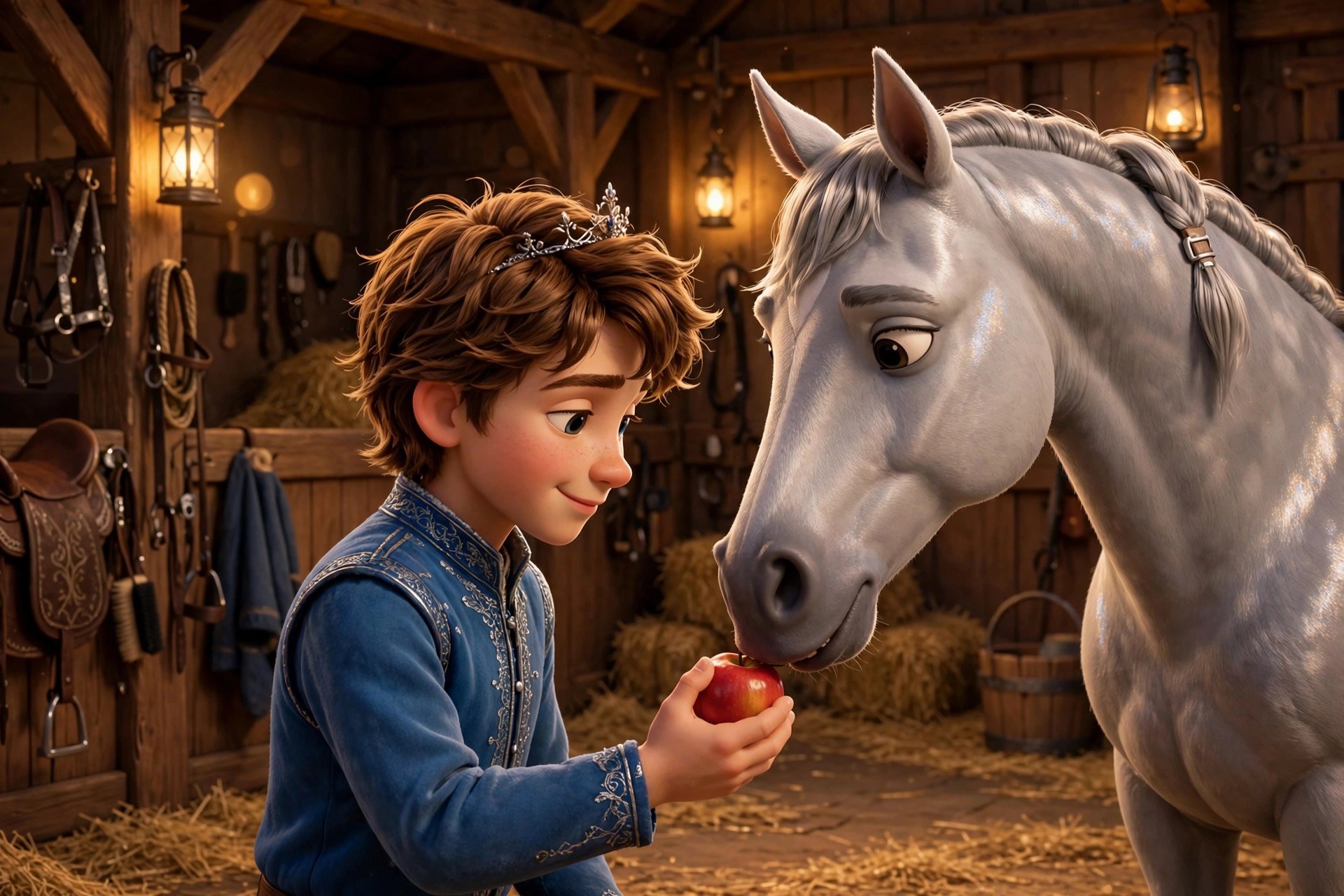 Storybook illustration of Prince Willian with his silver-grey mare Moonmane in the royal stables