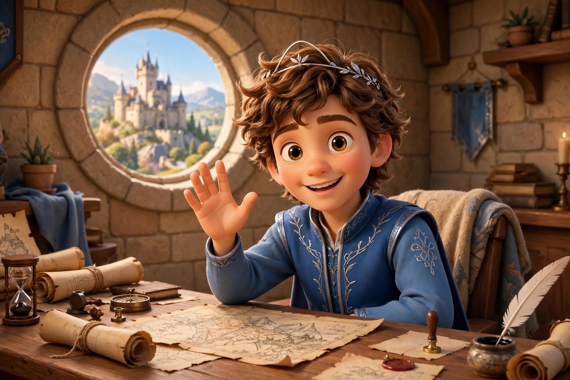 Storybook illustration of Prince Willian at a herald's desk waving, as if starting a video stream
