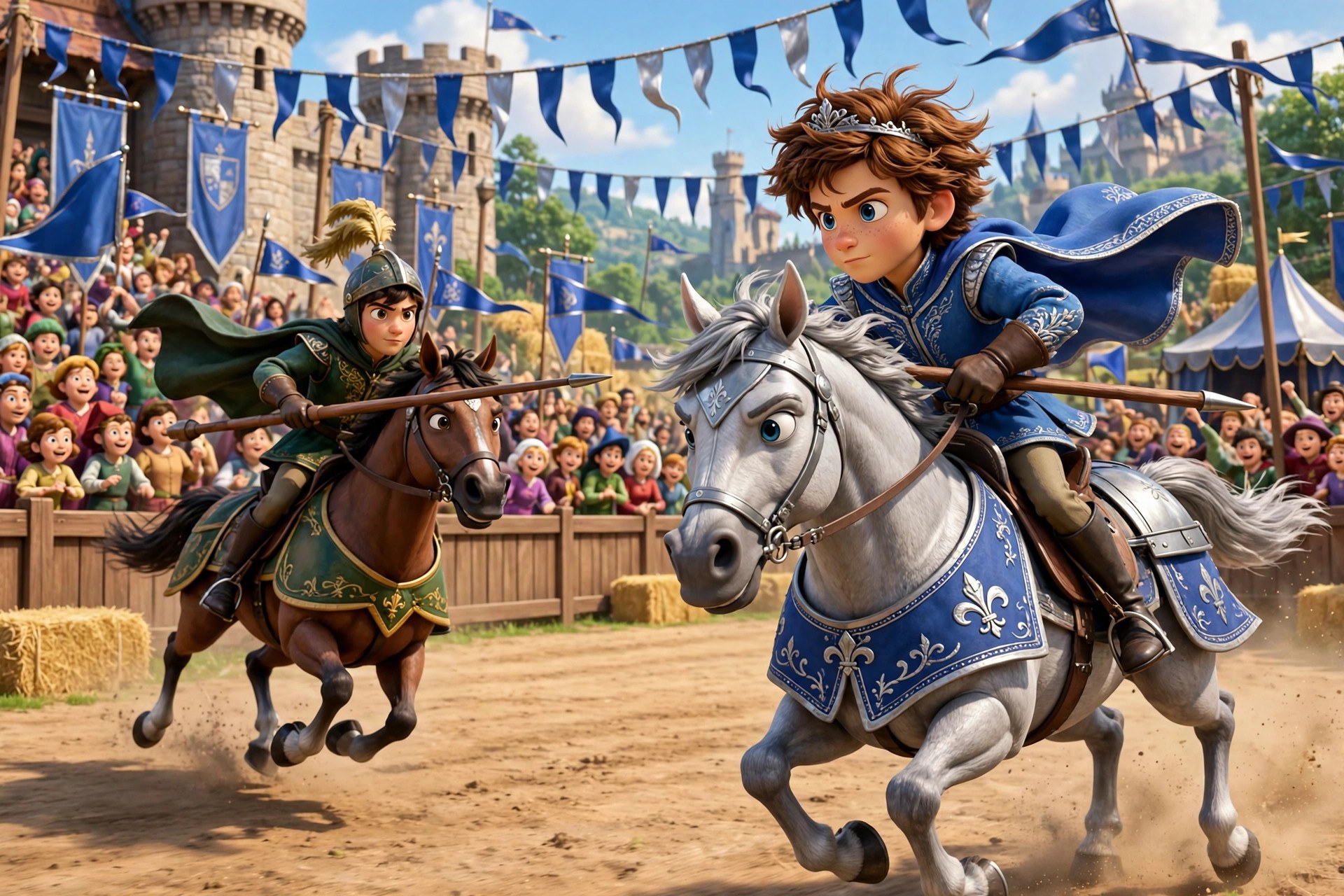 Storybook illustration of Prince Willian jousting at a royal tournament