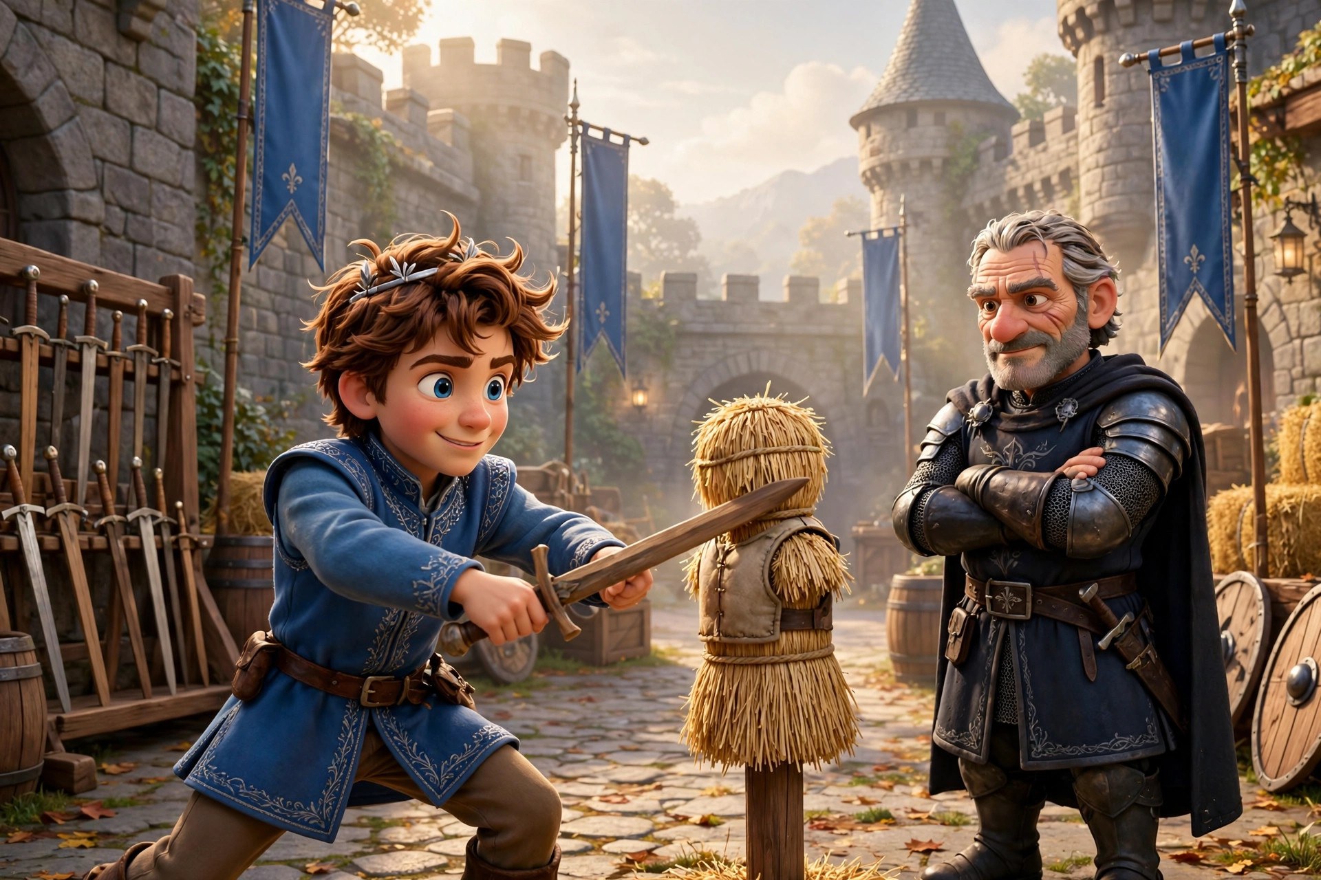 Storybook illustration of Prince Willian training with a wooden sword in the practice yard