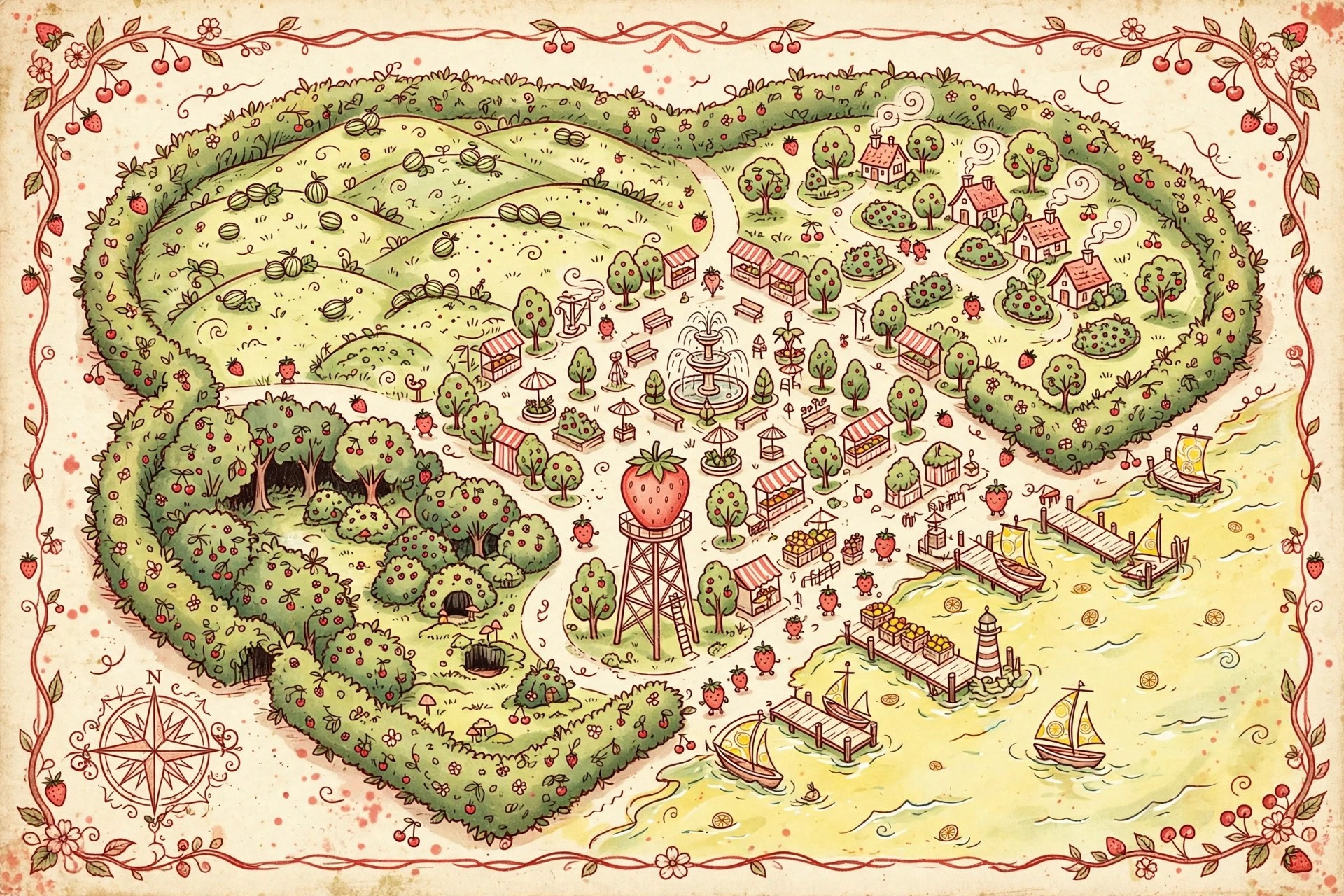 Illustrated storybook map of Fruitopia