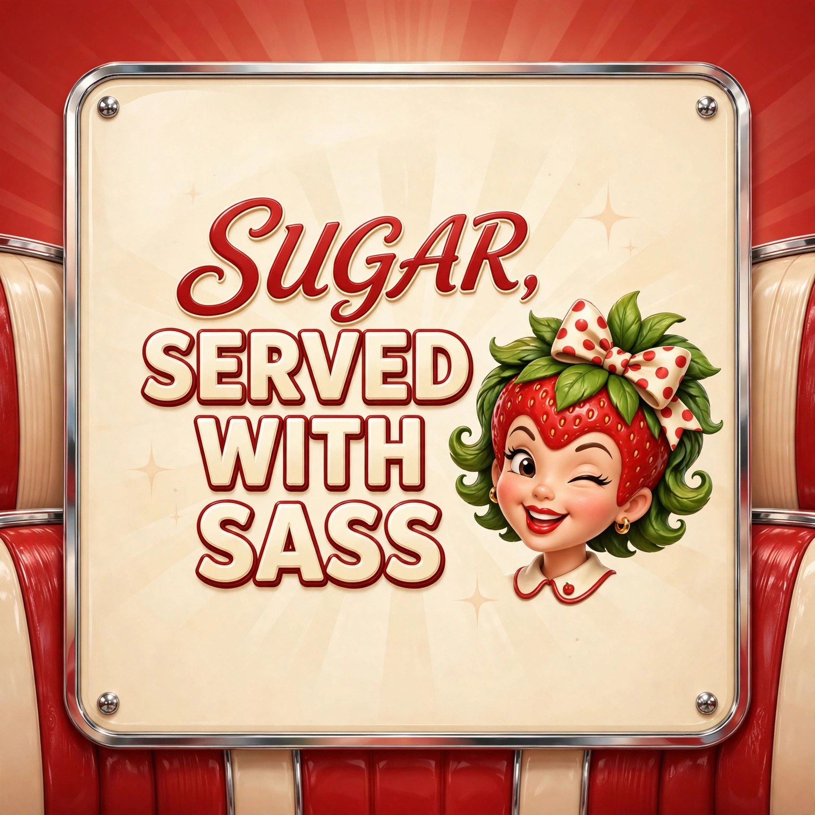 Quote card reading SUGAR, SERVED WITH SASS with Ruby winking