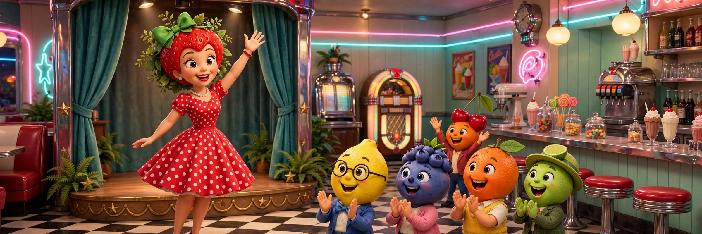 Ruby Bellamy waving on a soda-shop stage
