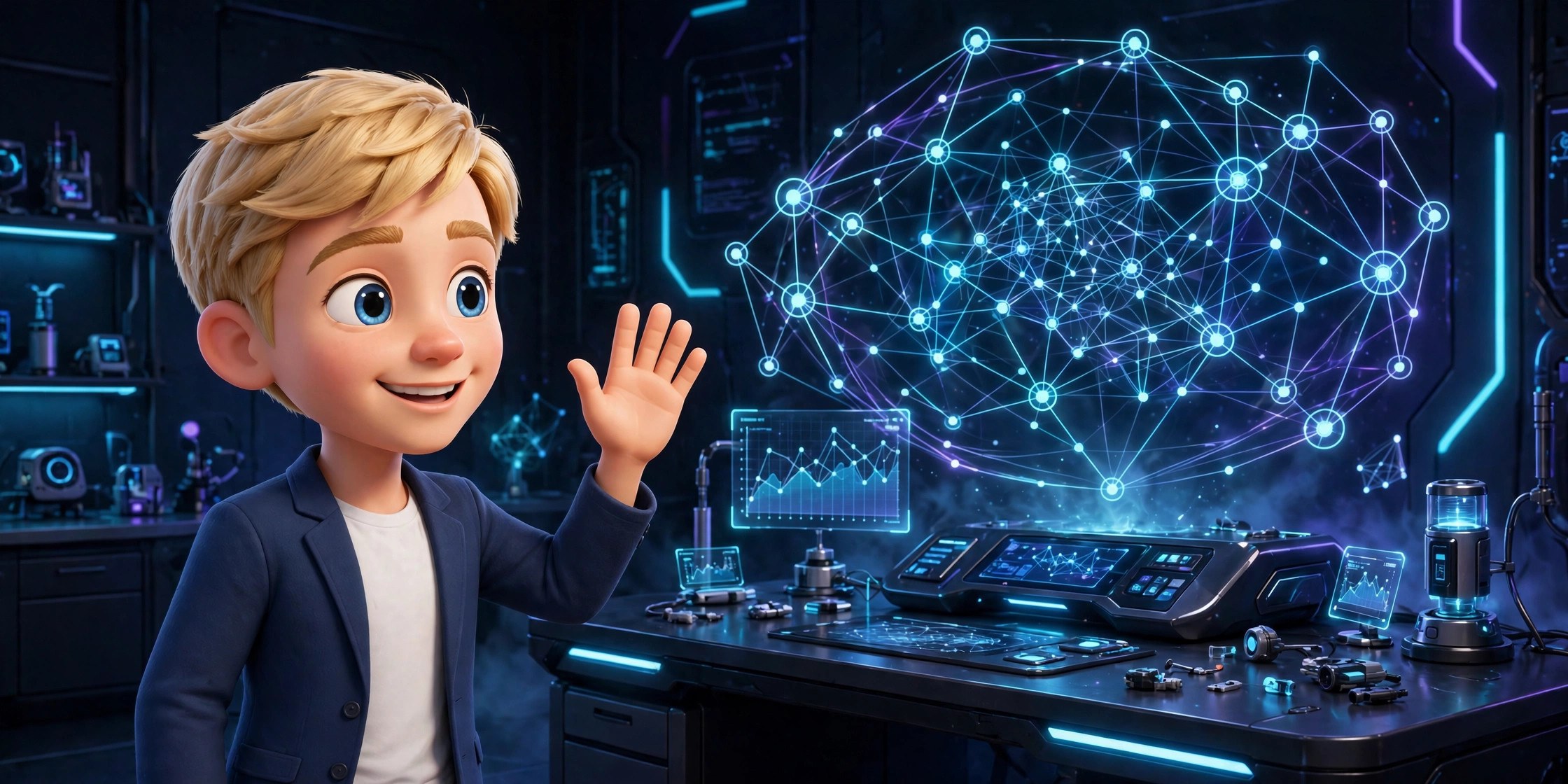 AI-generated illustration of the stream's animated Sam Altman character in the Vizlings character style, at a futuristic AI lab desk
