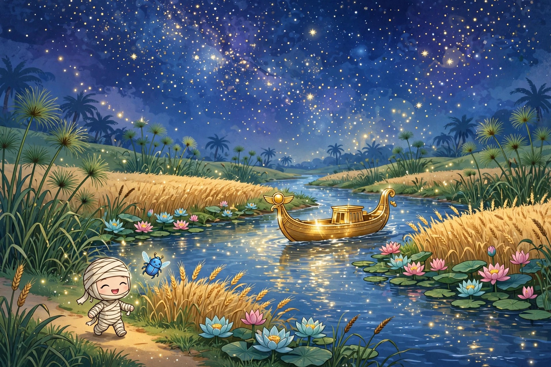 The Field of Reeds: lush riverbanks, solar barque, starry sky