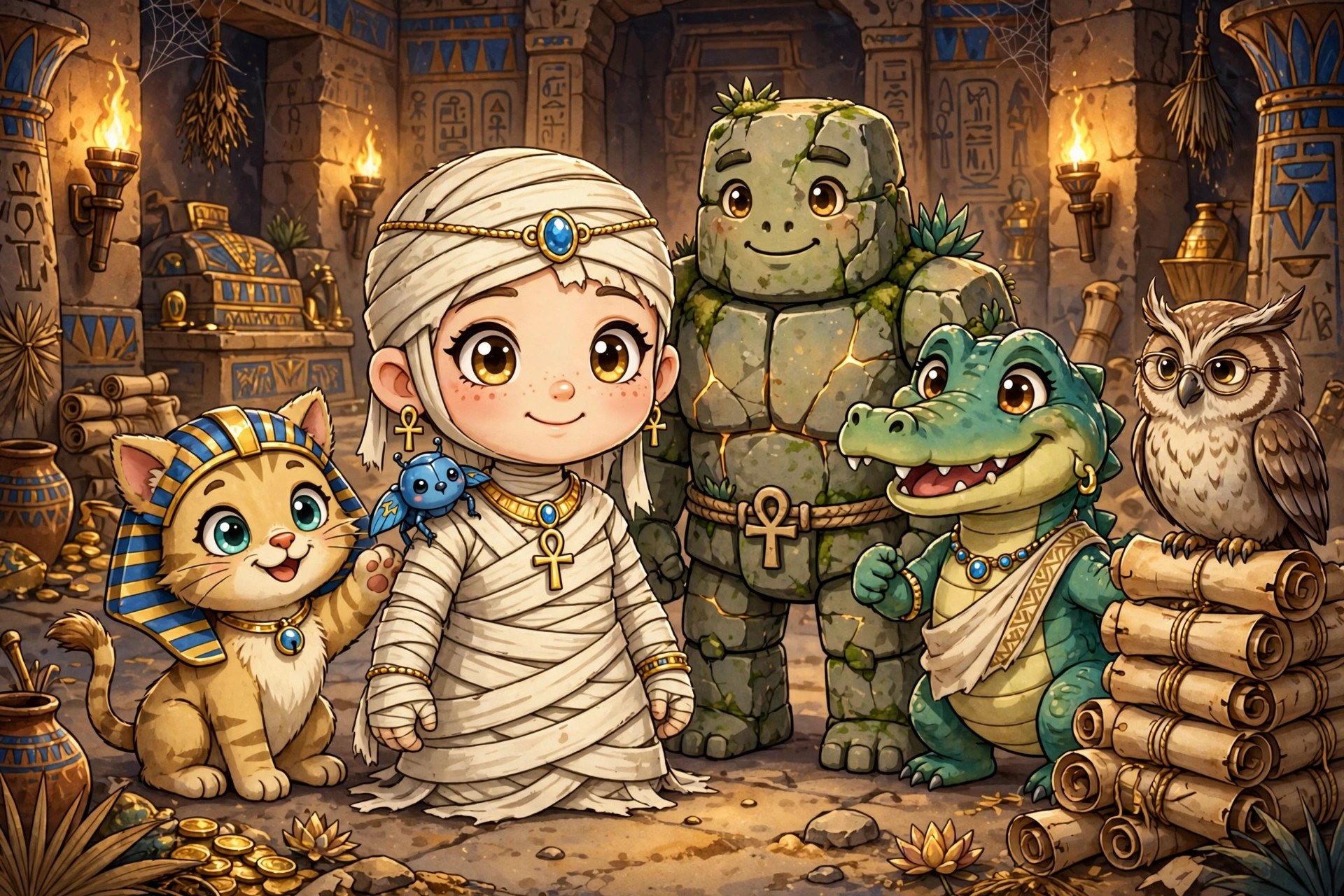 Group portrait: Sandy with Pip, Mena, Gus, Nila, and Professor Hiero