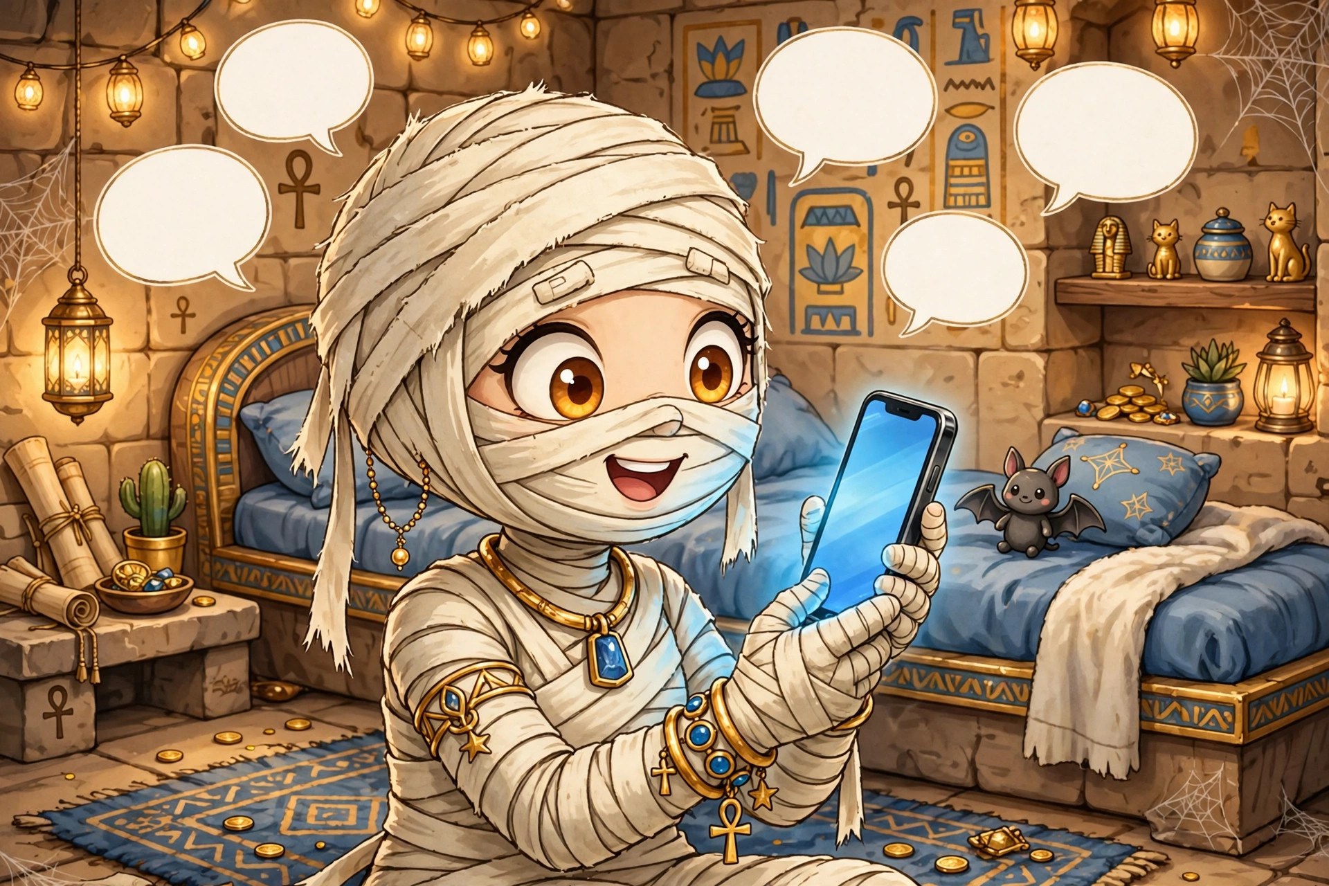 Sandy holding a glowing smartphone, empty speech bubbles around her