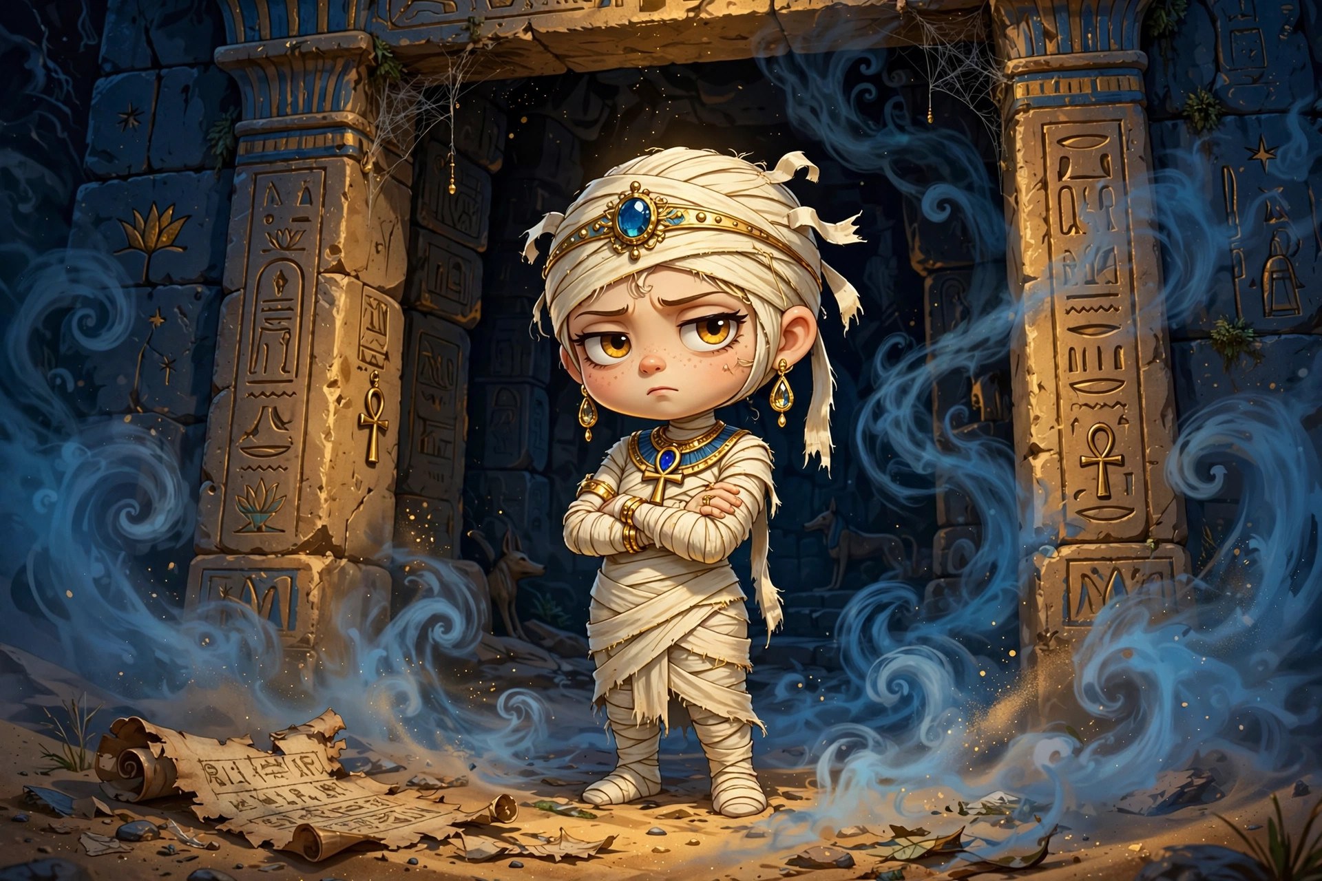 Sandy unimpressed in a misty tomb doorway beside a torn scroll