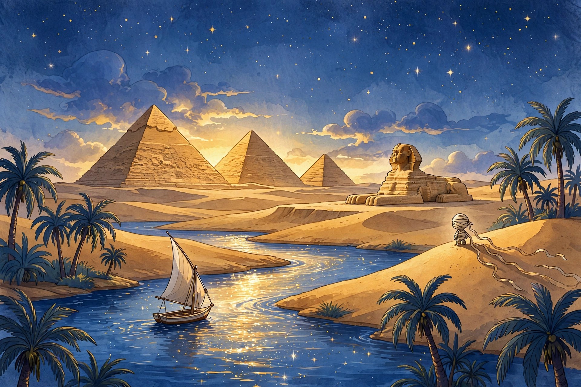 The Giza pyramids and Sphinx at dusk with a tiny mummy-girl silhouette