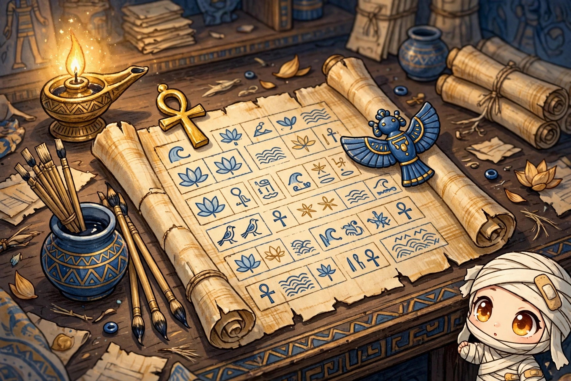 A scribe's desk with papyrus, ankh, and scarab; Sandy peeking in