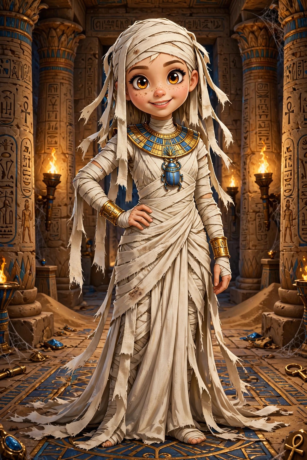 Sandy Wraps, a cartoon mummy girl with cream wraps and gold jewelry, standing in a torchlit tomb hall