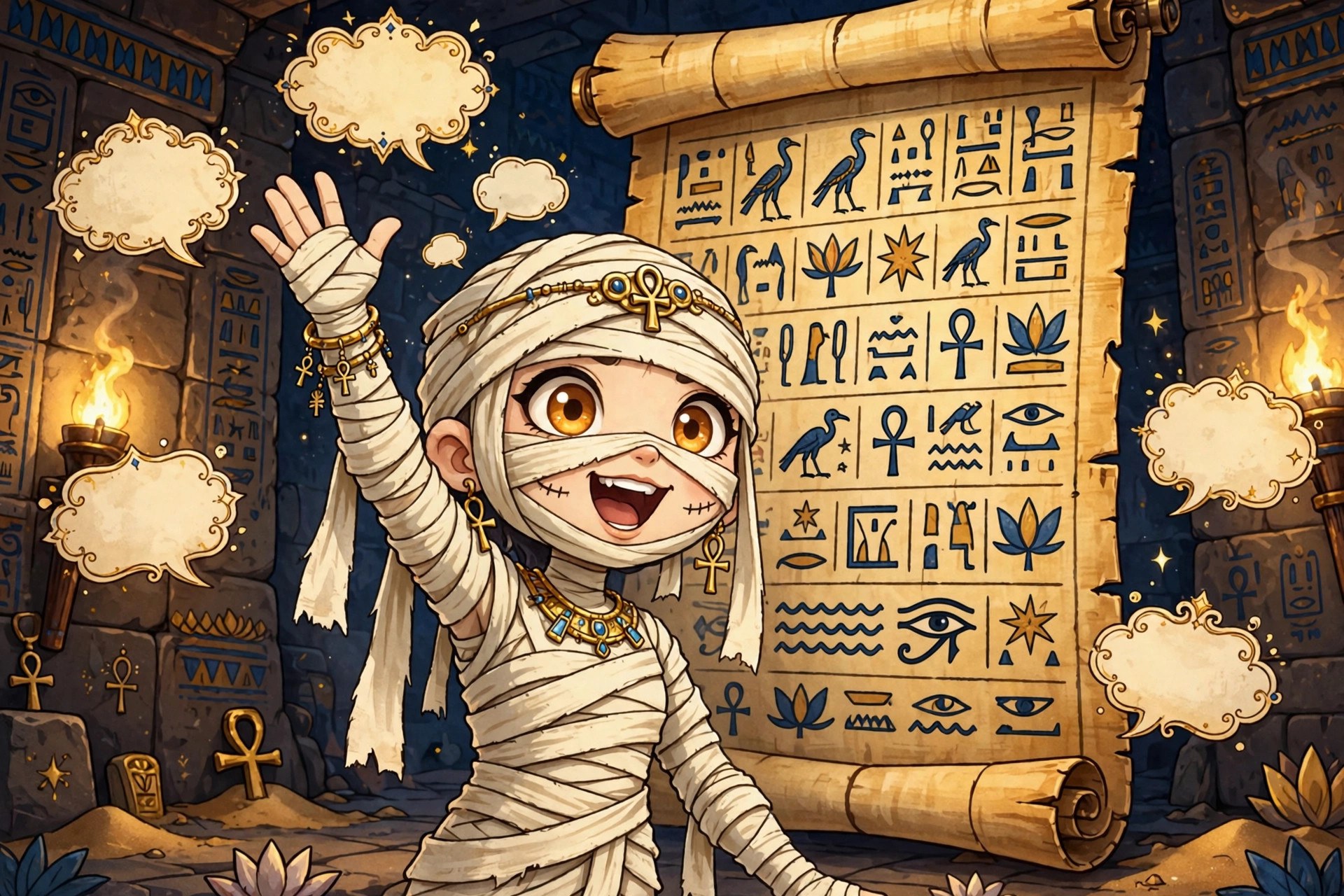 Sandy Wraps orating before a giant papyrus scroll with empty speech bubbles