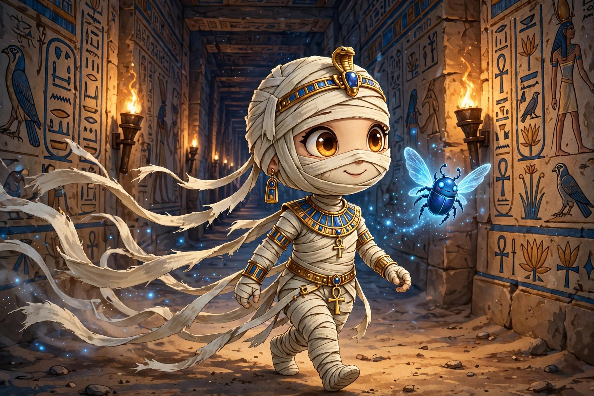 Sandy Wraps walking a torchlit tomb corridor with a small blue scarab