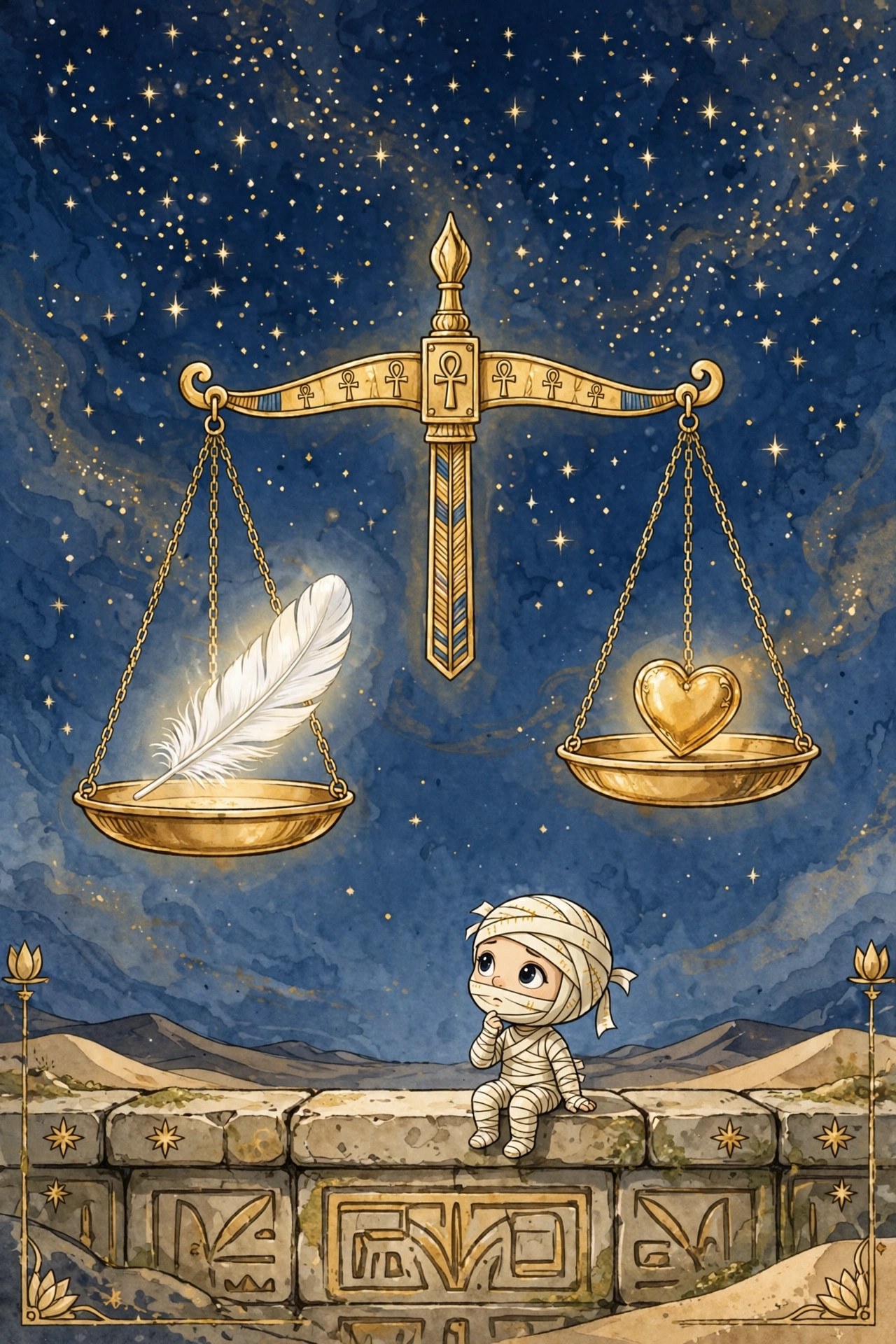 Golden scales of Maat weighing a feather against a heart, under stars