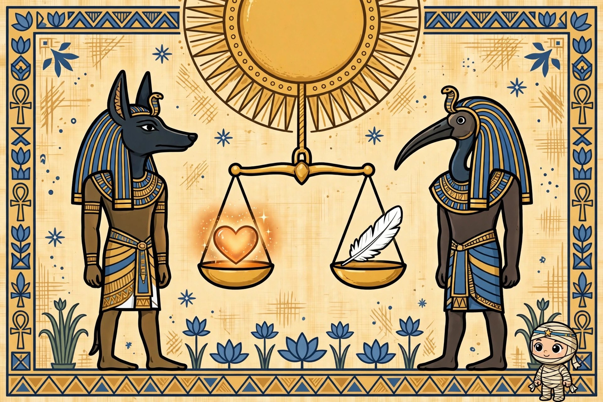 Stylized weighing-of-the-heart scene in tomb-painting style