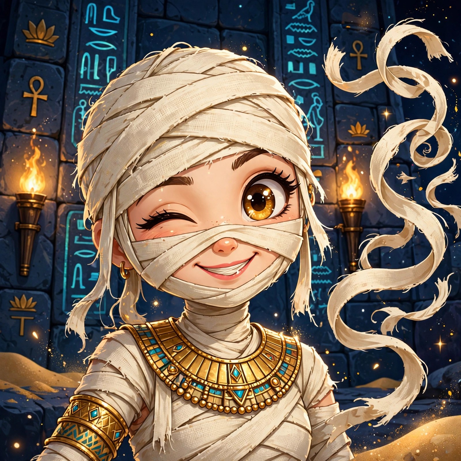 Sandy Wraps winking, one bandage trailing loose, against glowing hieroglyphs