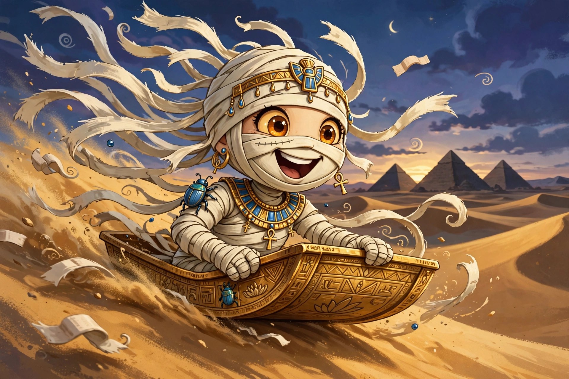 Sandy Wraps sledding down a sand dune on a golden tray, pyramids behind