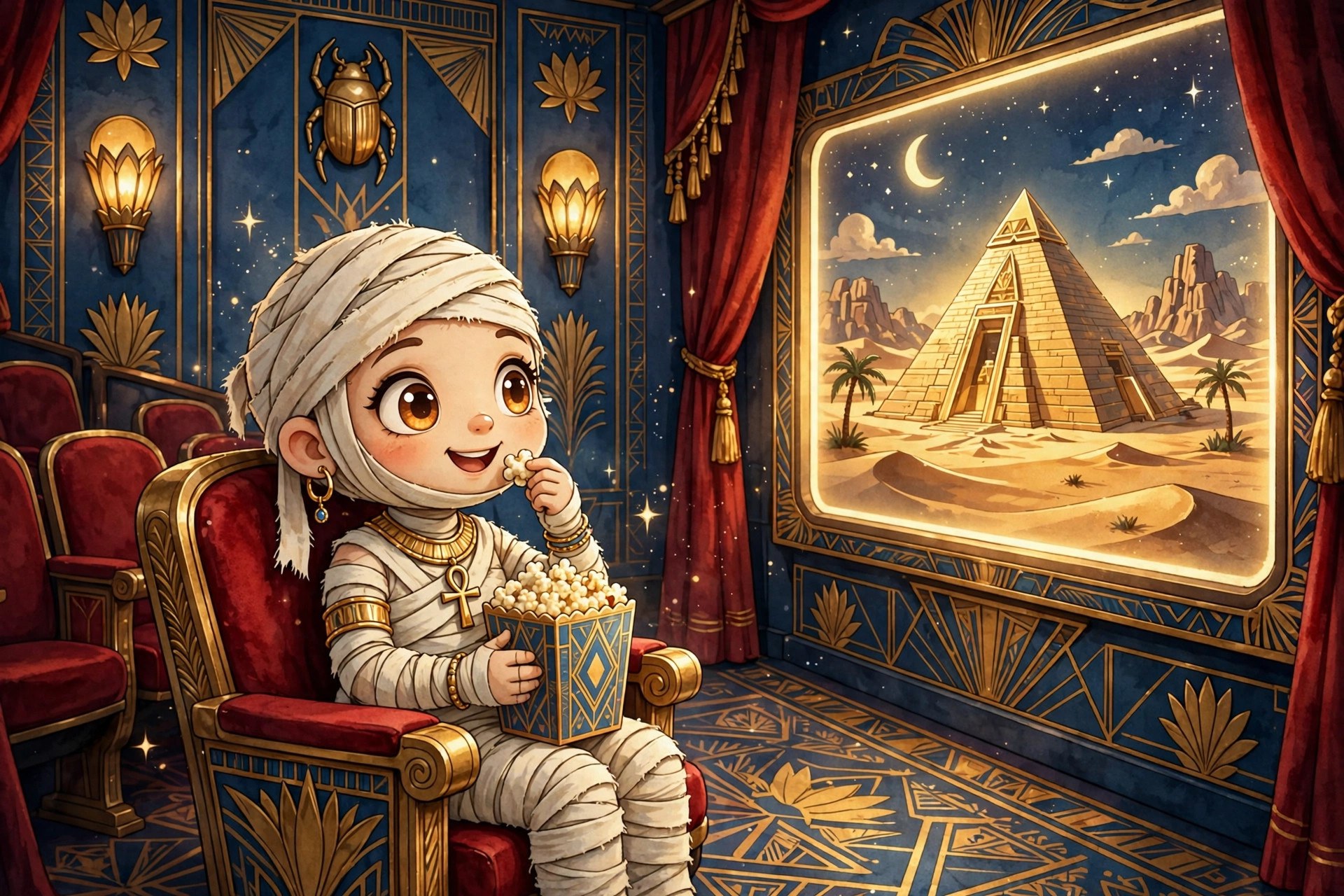 Sandy eating popcorn in a vintage Egyptian-revival cinema