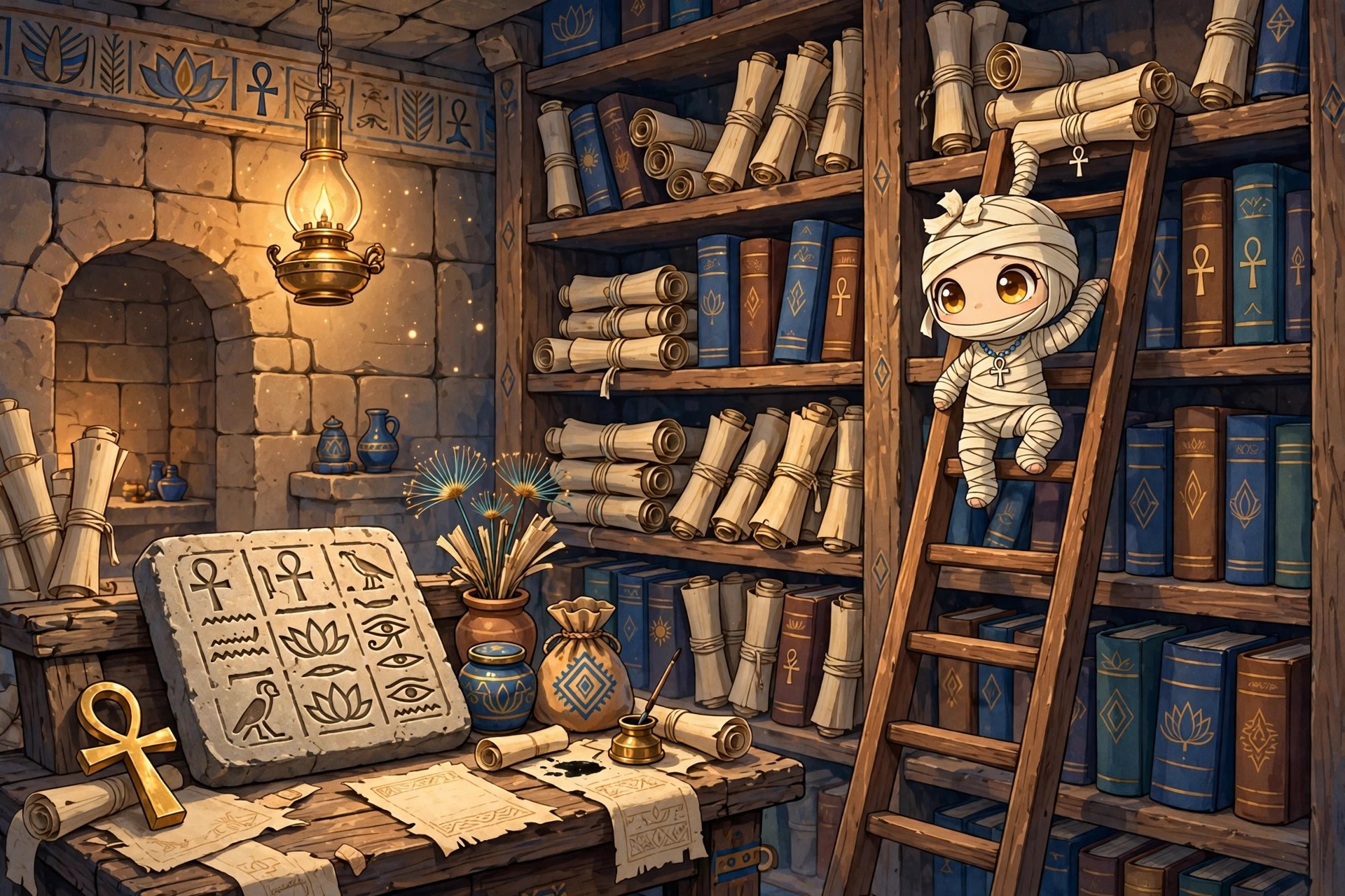 An ancient library archive; Sandy climbing a ladder to the top shelf