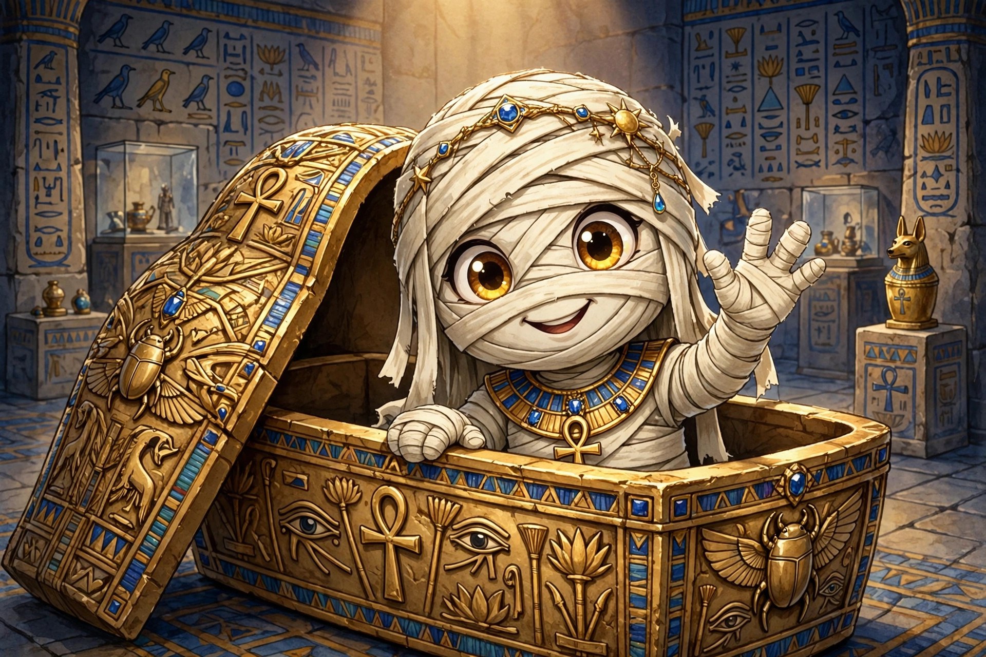 Sandy Wraps peeking playfully from a golden sarcophagus in a museum gallery
