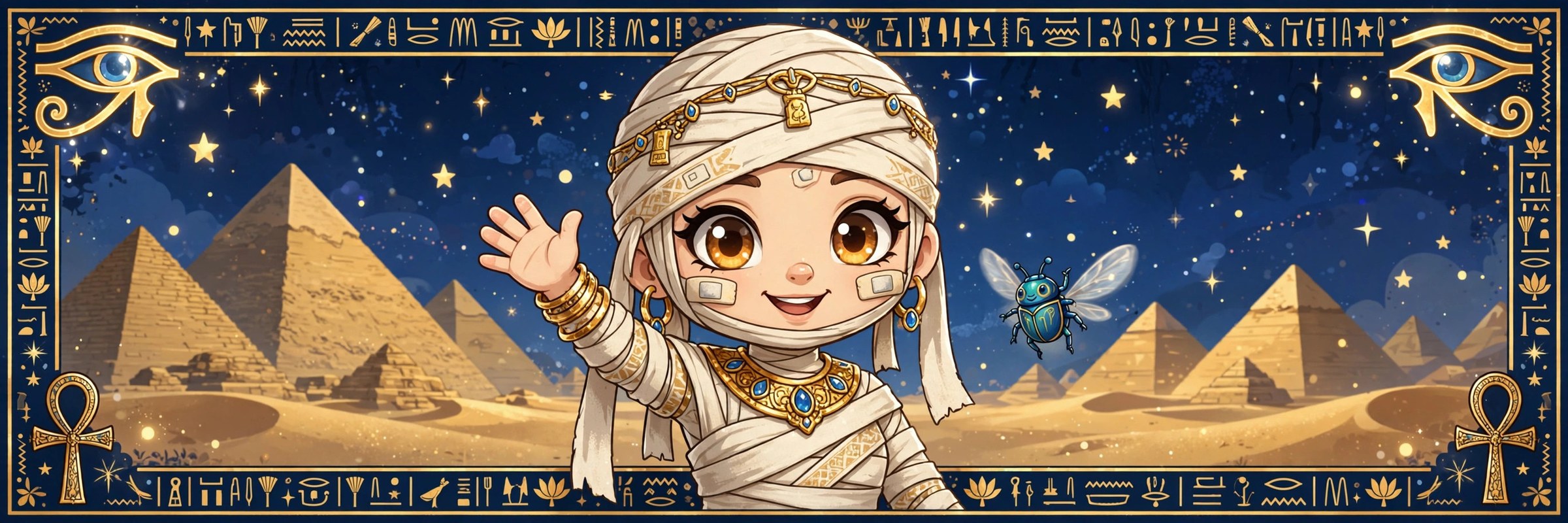 Stream banner art: Sandy waving inside a golden hieroglyph frame