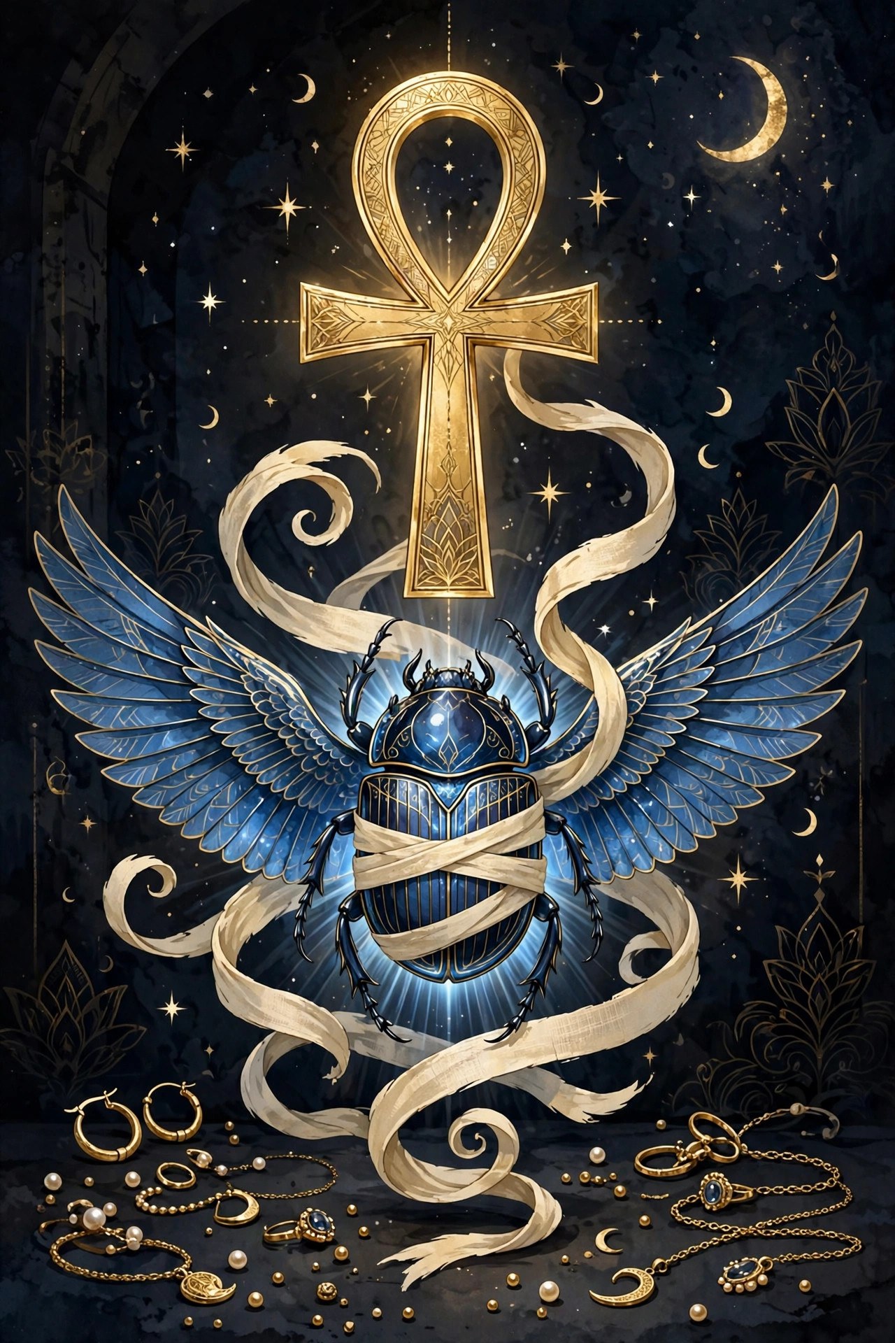Golden ankh and scarab wrapped in spiraling bandages under a crescent moon