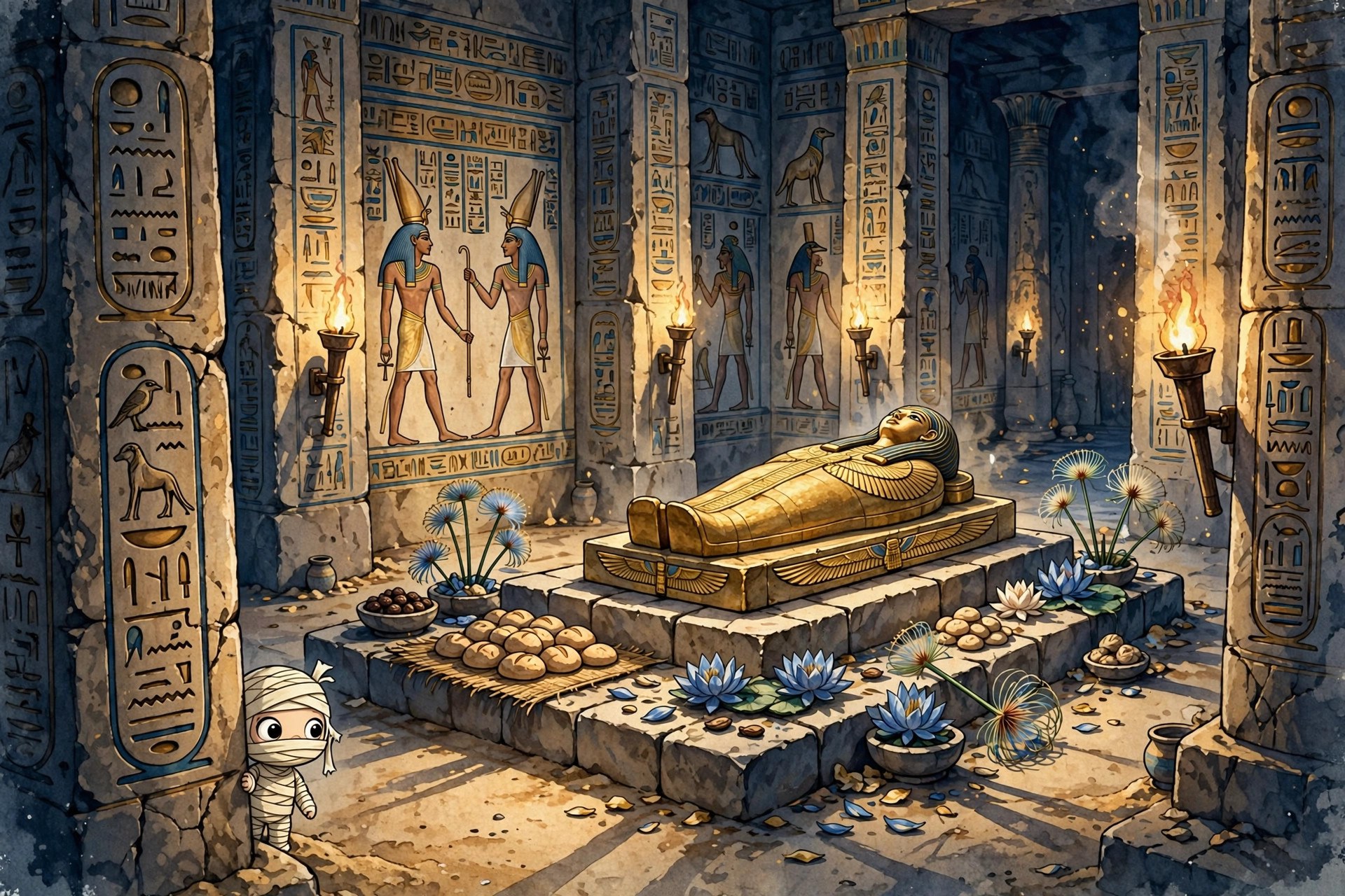 A grand painted tomb interior; Sandy peeking from behind a column