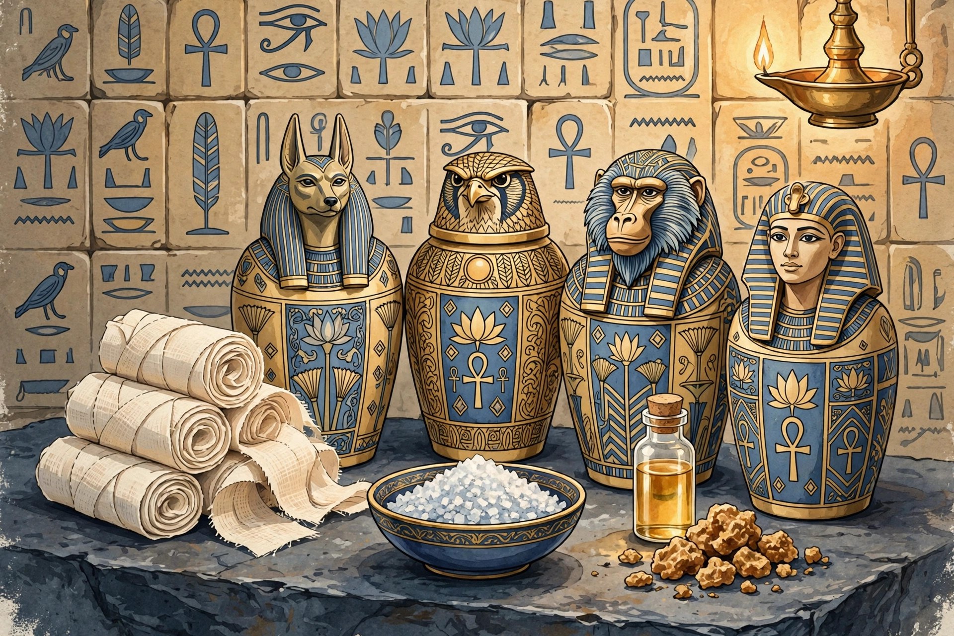 Mummification craft still life: linen rolls, canopic jars, natron, oils