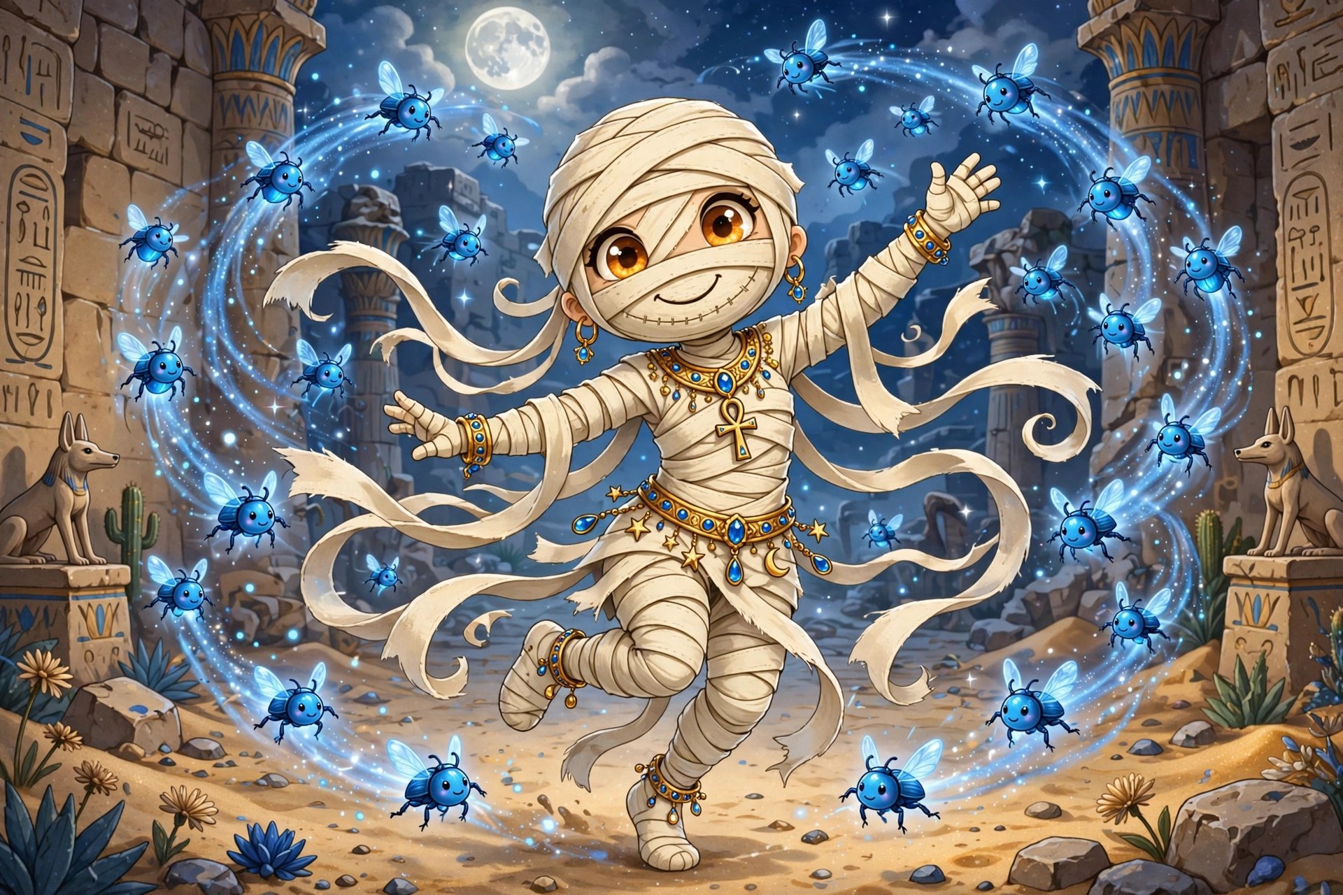 Sandy dancing as a swarm of glowing blue scarabs swirls around her