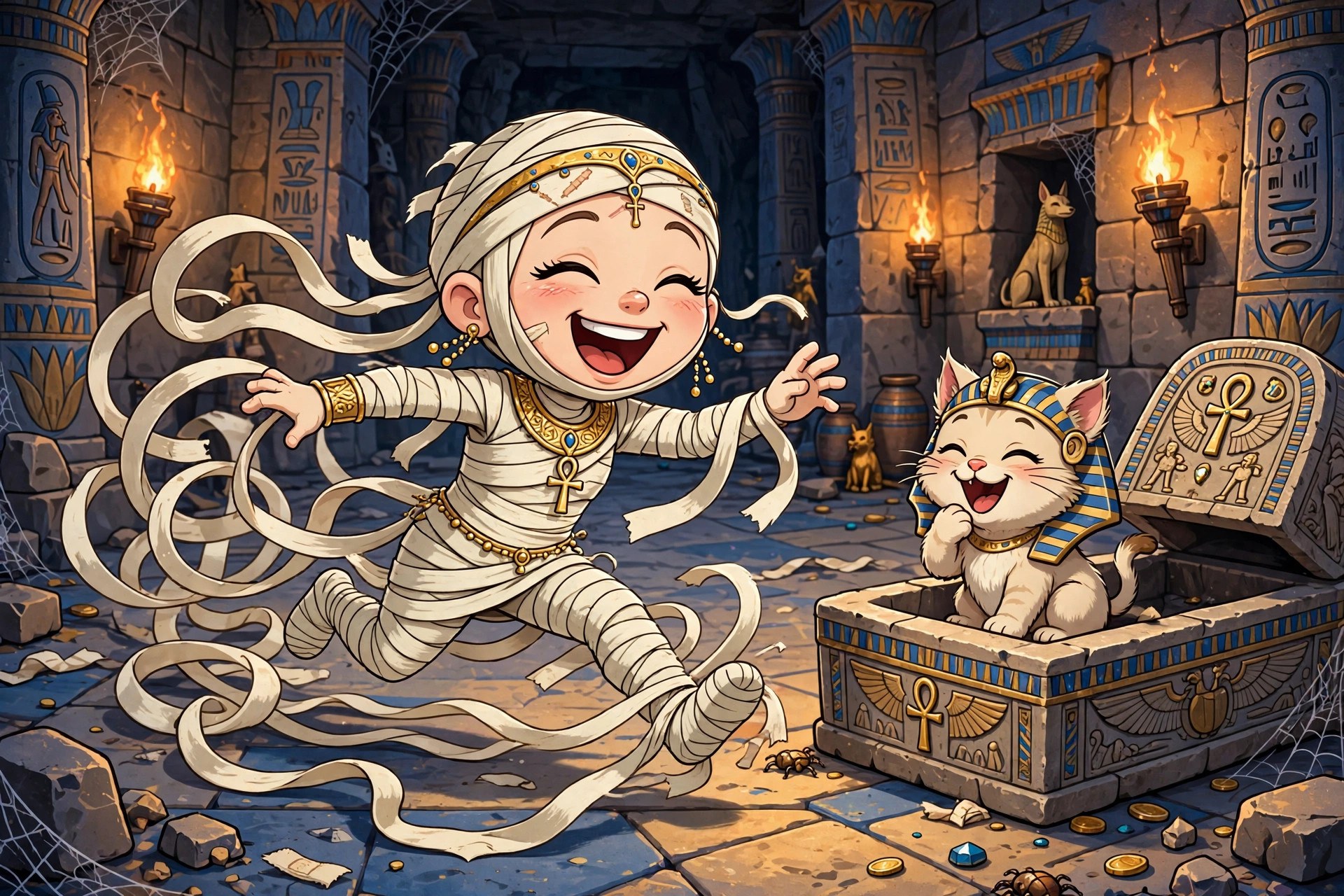 Sandy tripping over her own unraveling bandages while a sphinx kitten laughs