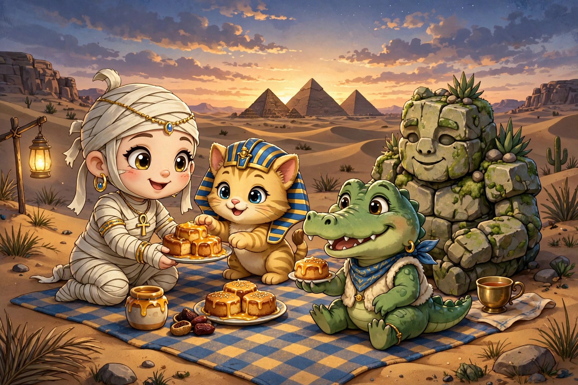 Sandy picnicking with monster friends on a dune overlooking the pyramids