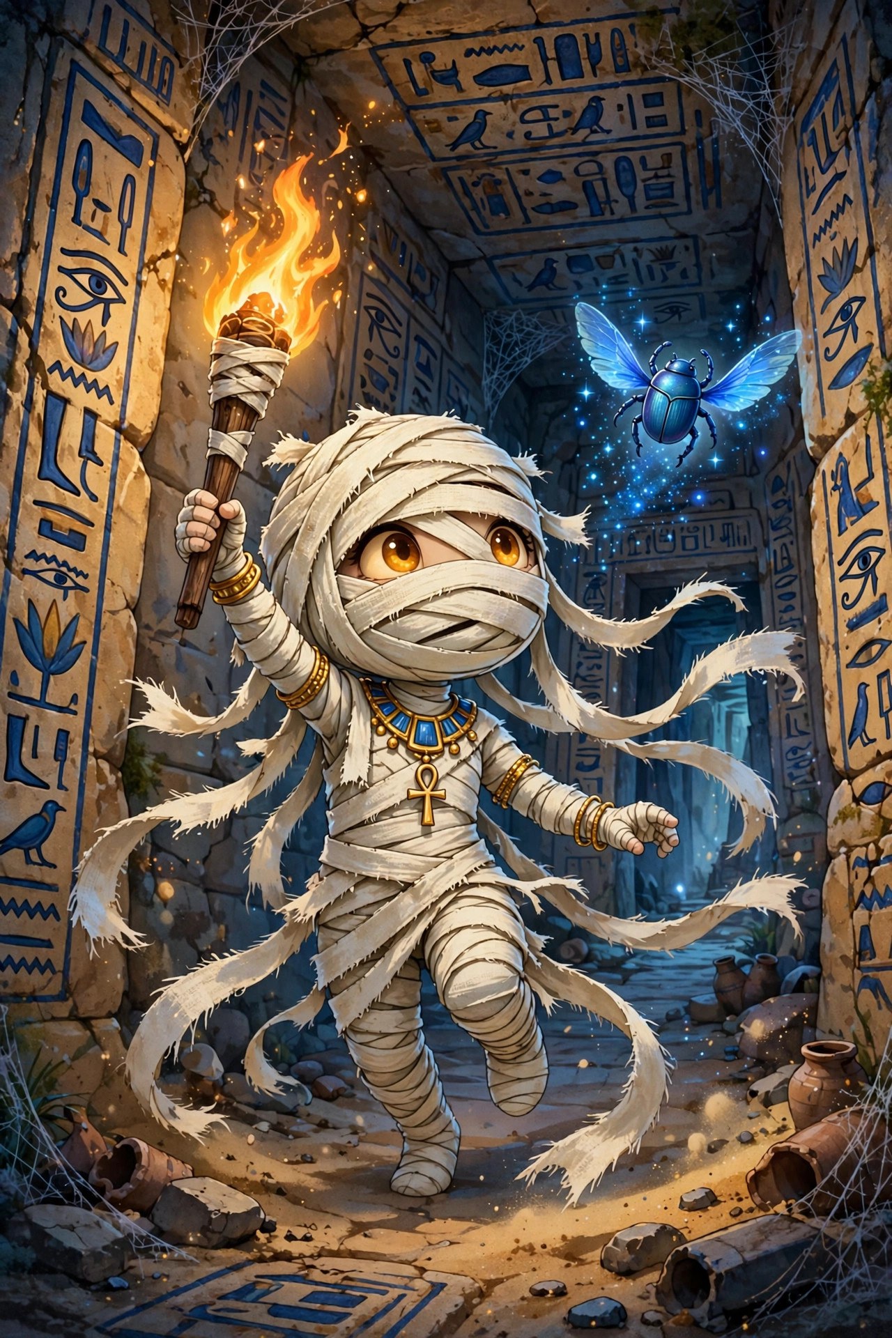 Sandy exploring a tomb shaft with a torch, a scarab guiding her