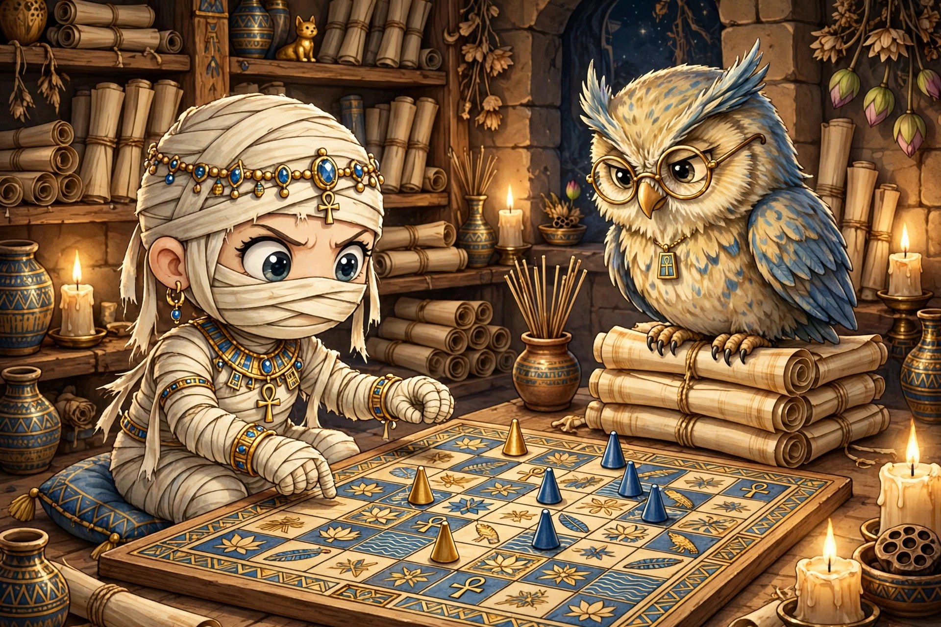 Sandy playing senet against Professor Hiero the owl in a candlelit library