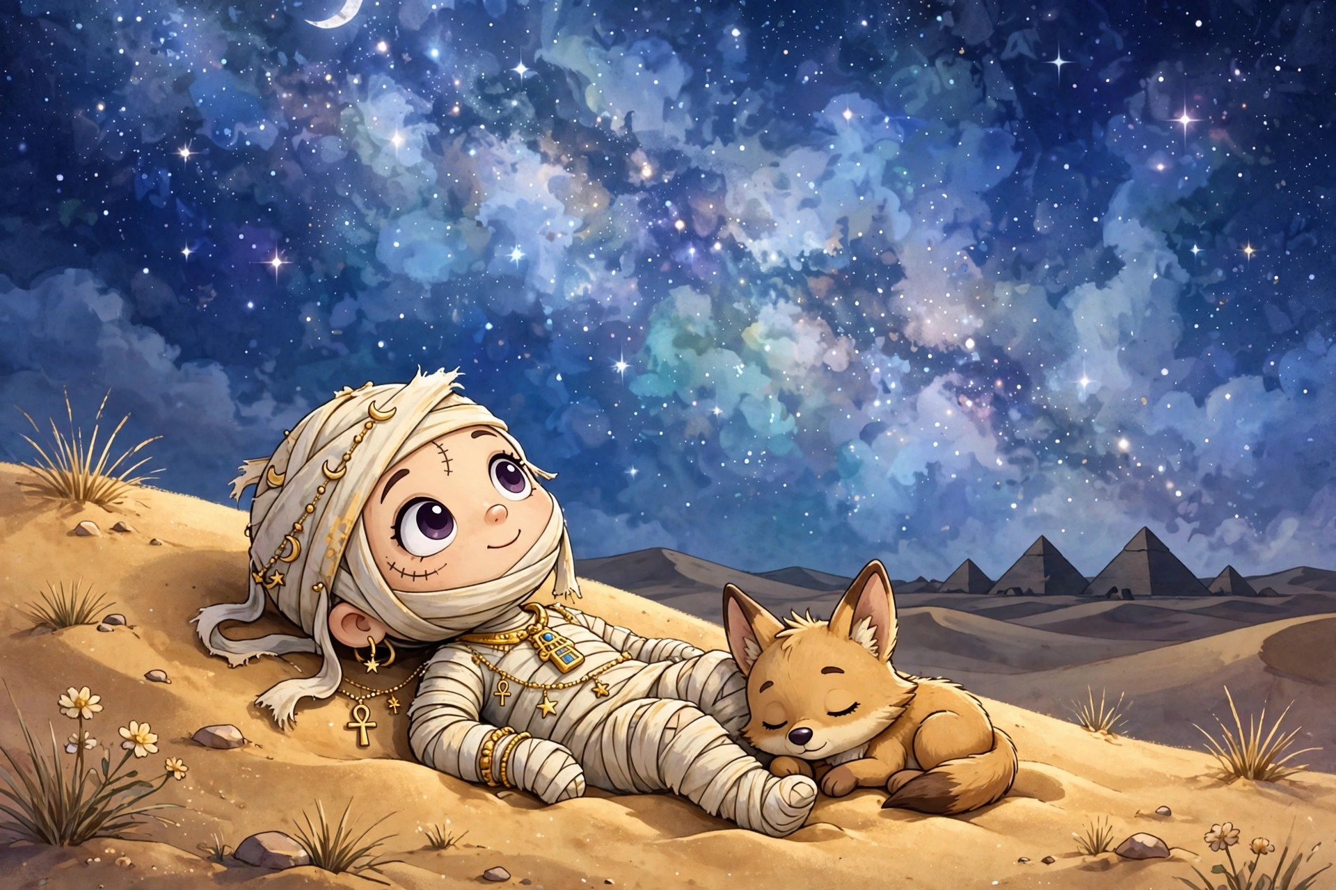 Sandy stargazing on a dune with a sleeping jackal pup