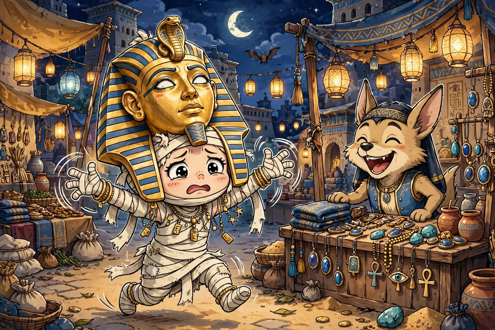 Sandy with a golden burial mask stuck on her head at a bazaar stall