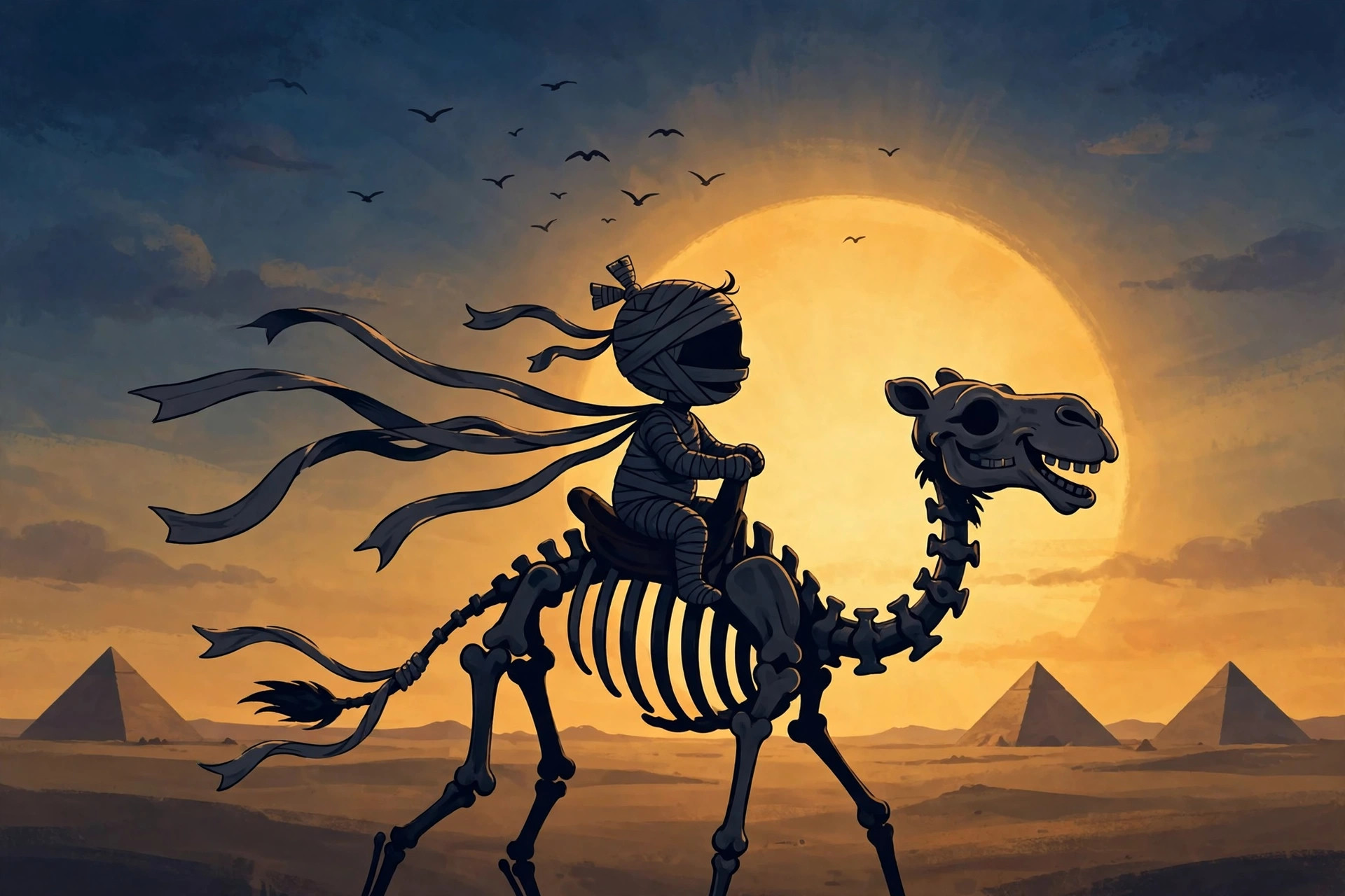 Silhouette of Sandy riding a camel skeleton at sunset