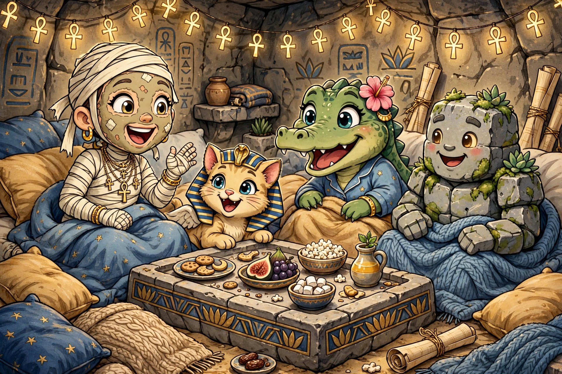 Sandy hosting a slumber party with monster friends in a tomb bedroom