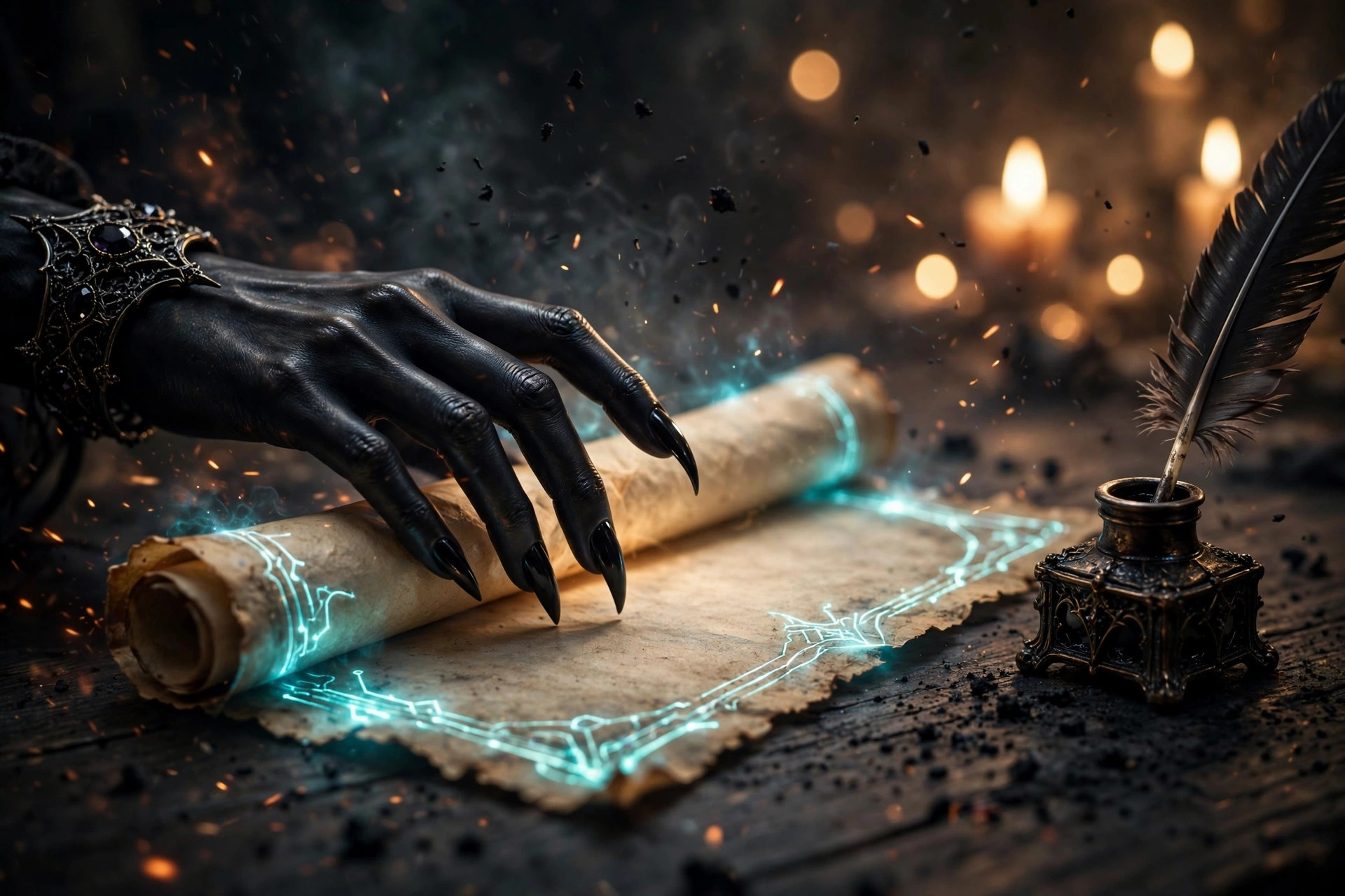 A hand sliding a glowing contract across a dark wooden table