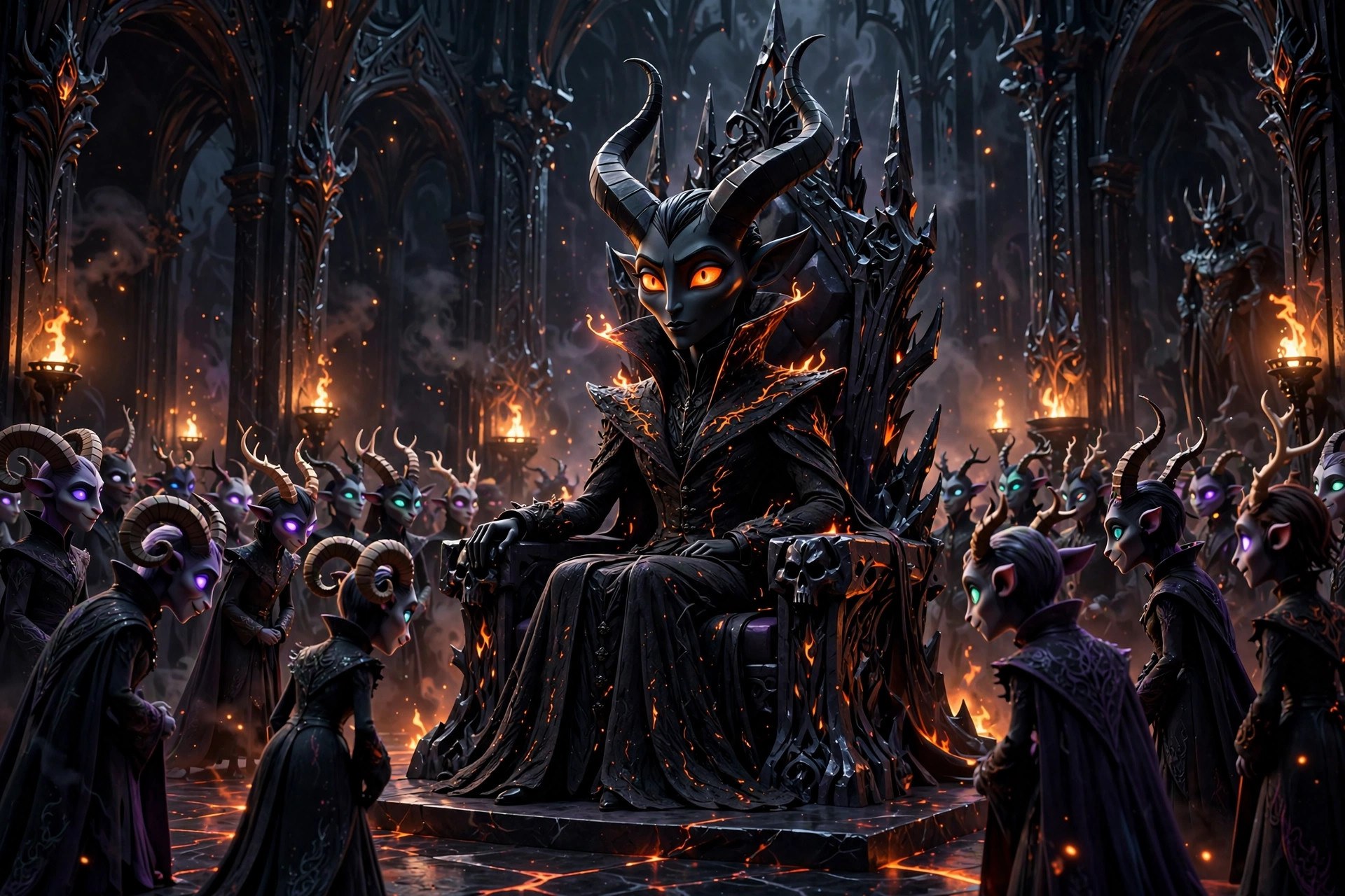 The fictional Satan character enthroned with shadowy courtiers gathered around