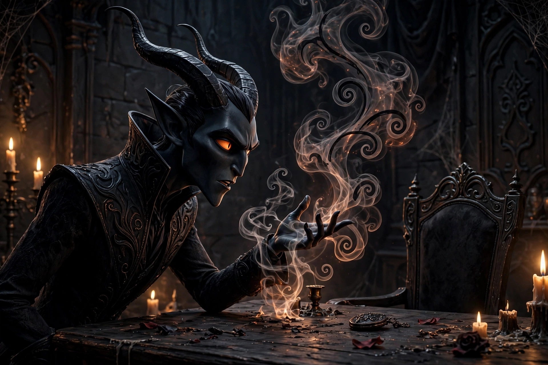 The fictional Satan character leaning in conversation, words rising as smoke