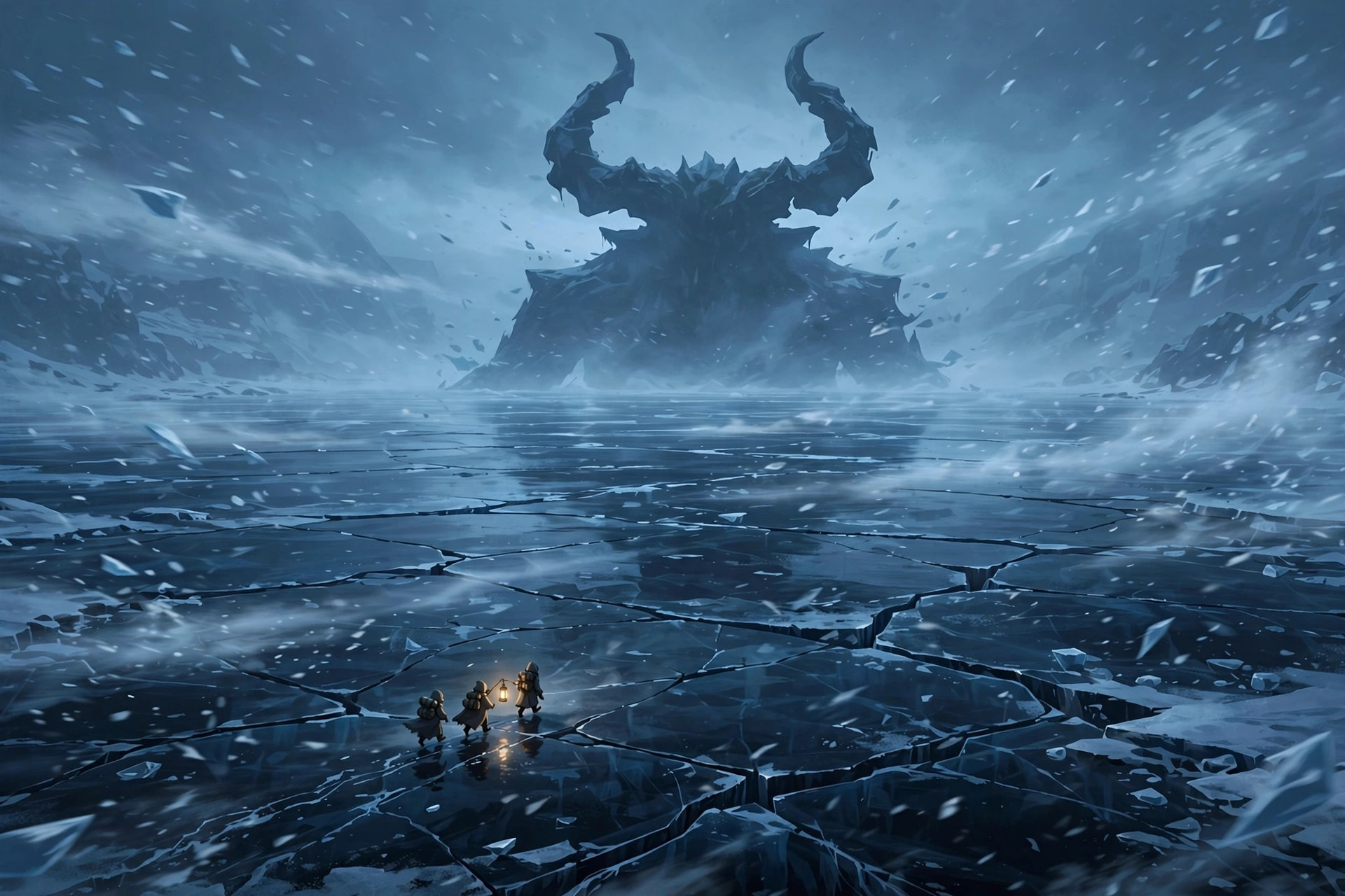 A frozen lake of ice with a colossal trapped figure in the far distance