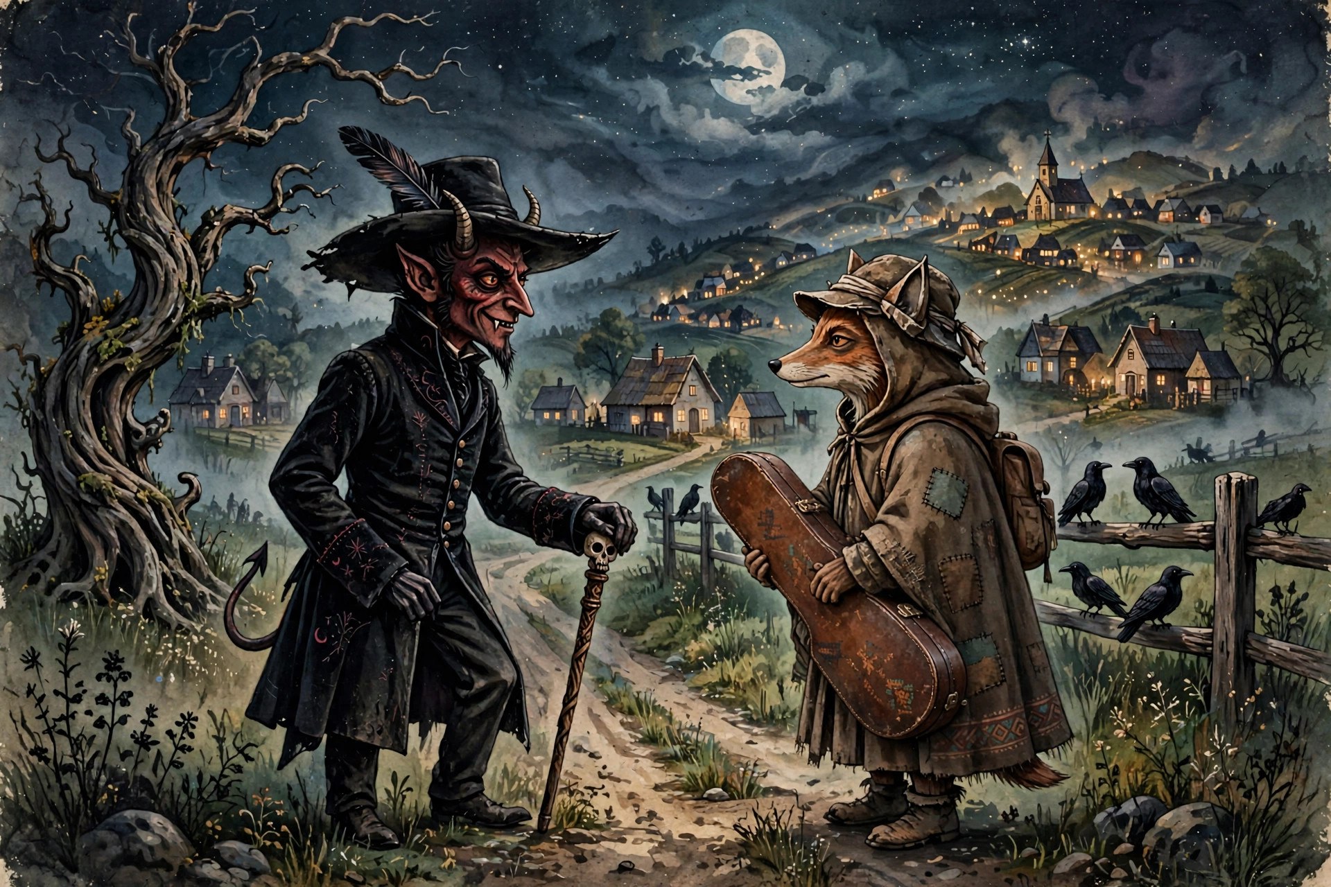 A folk-devil figure meeting a traveler at a moonlit village crossroads