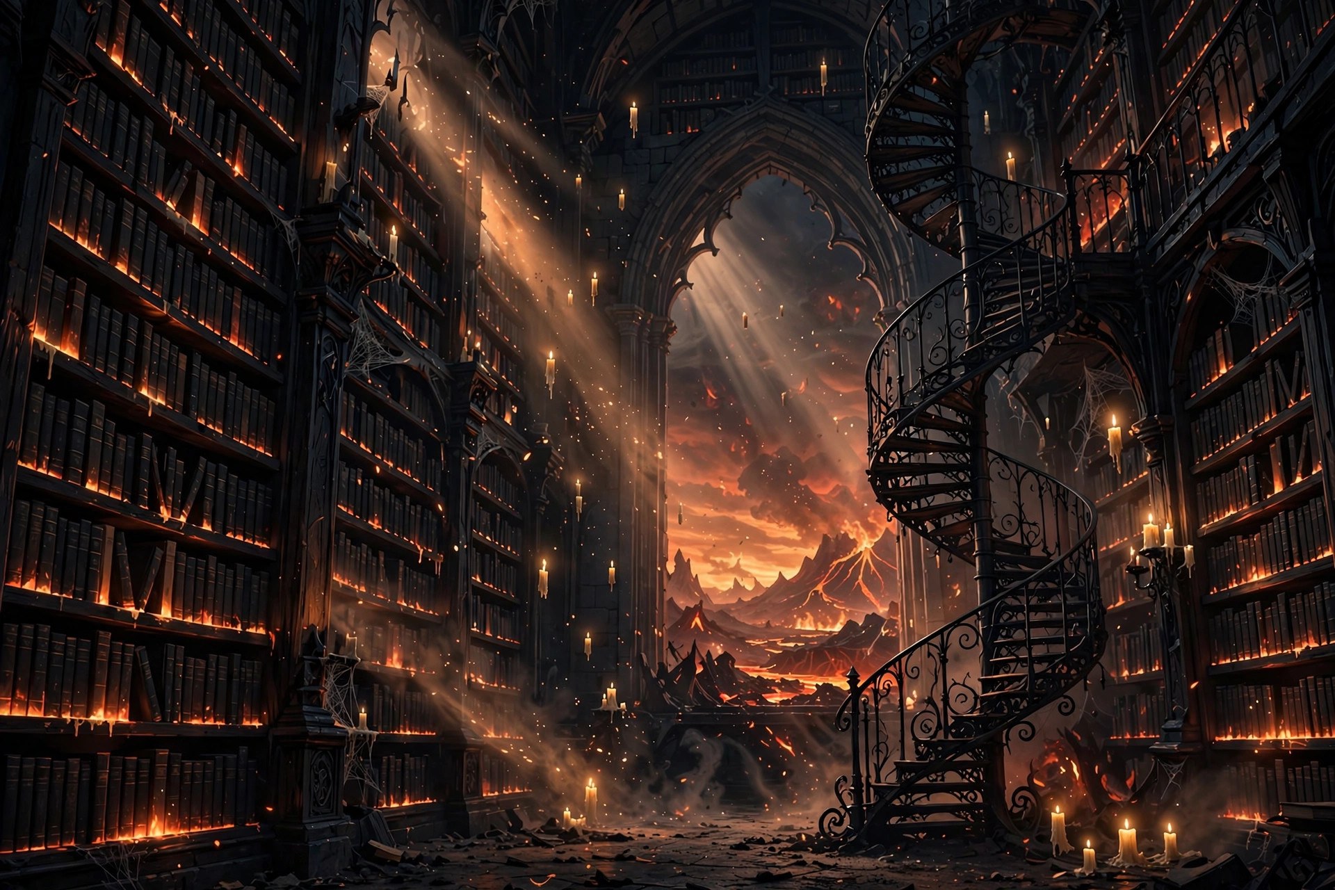 A dark infernal library with shelves of black-bound books