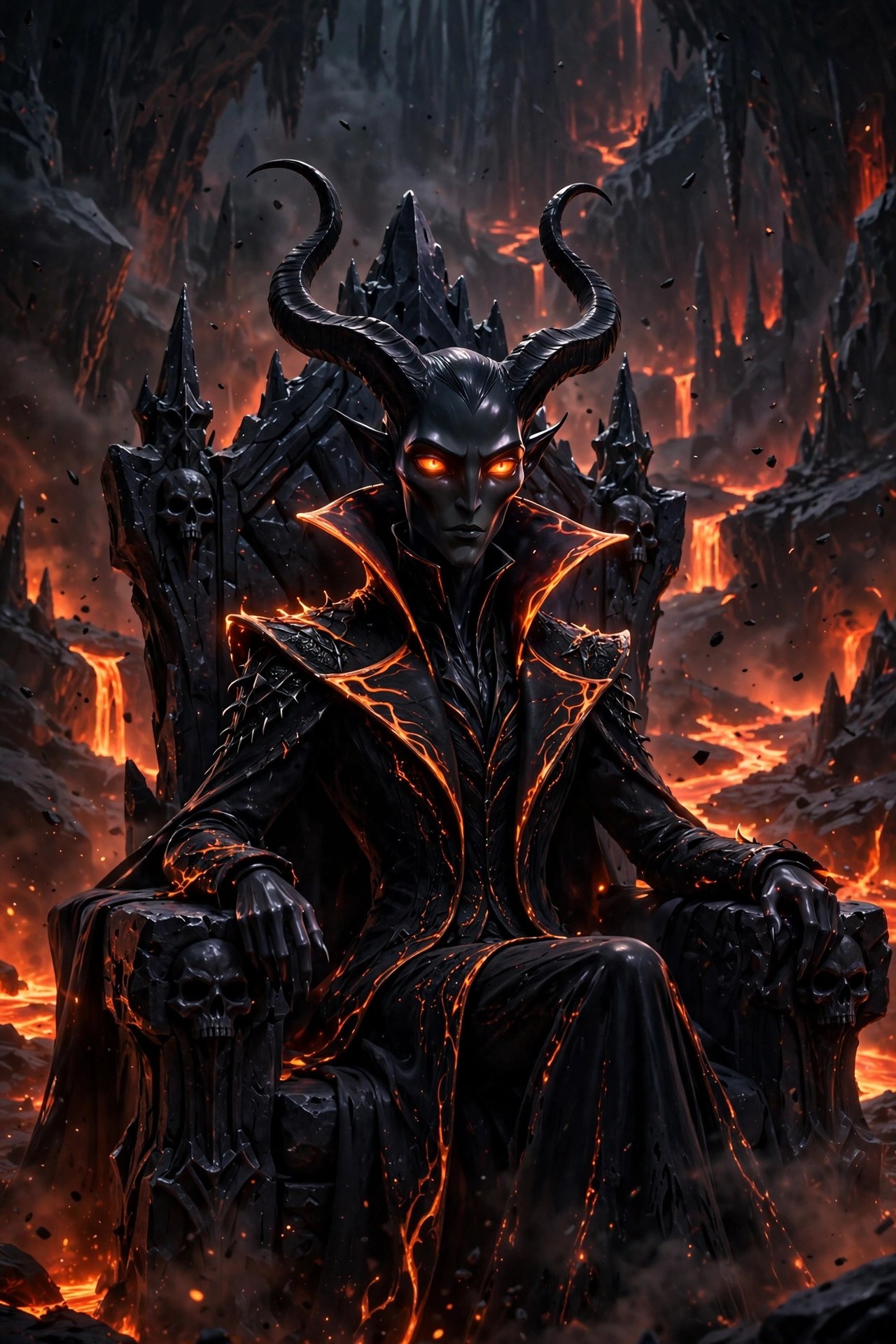 Regal portrait of the fictional dark-fantasy Satan character on an obsidian throne amid brimstone
