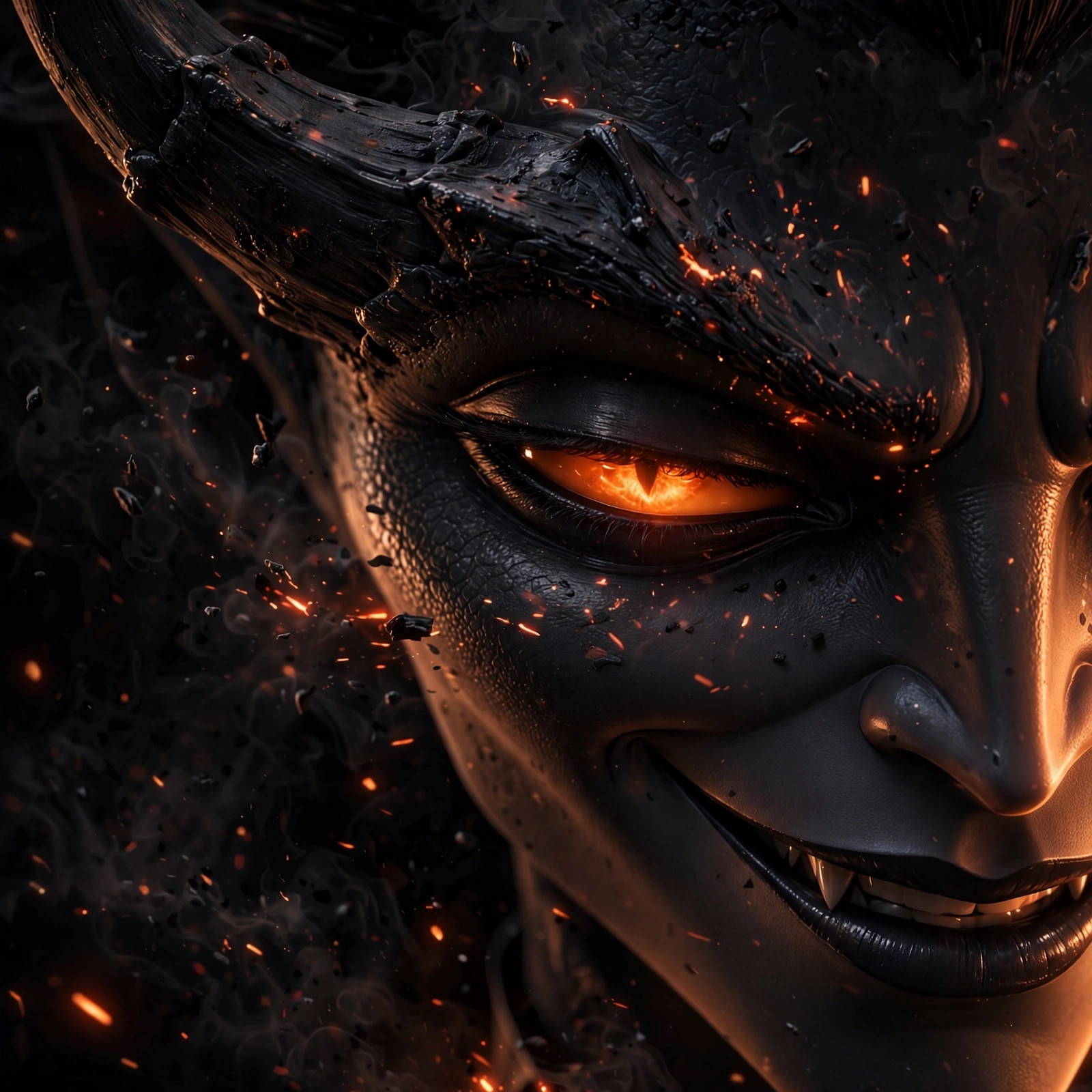 Extreme close-up of the fictional Satan character's face amid floating ember particles