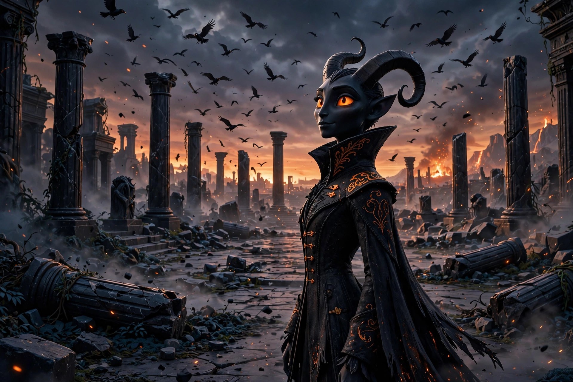 The fictional Satan character standing among ruined black pillars with crows circling