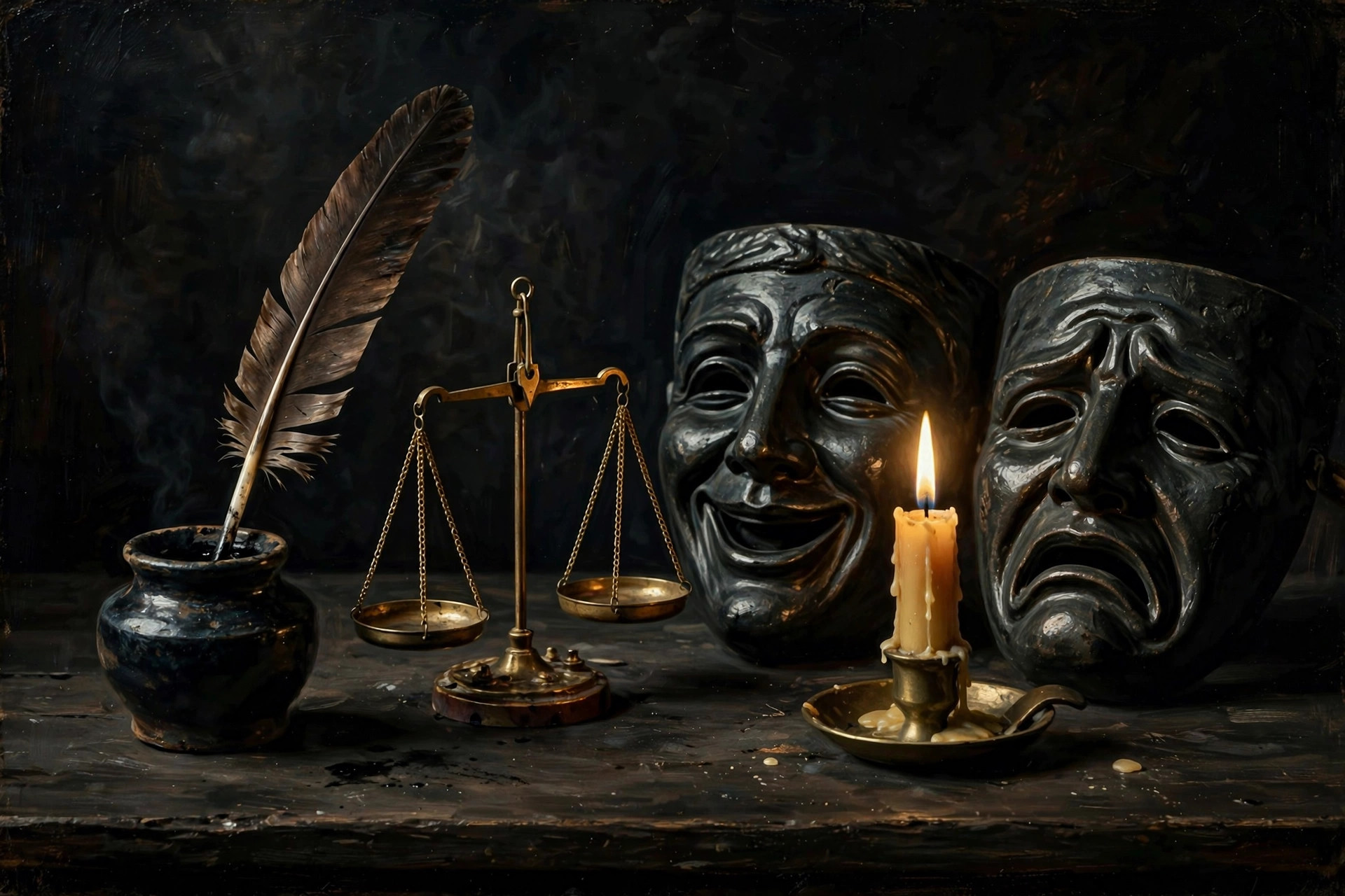 A quill, a pair of scales, and theater masks on a dark desk