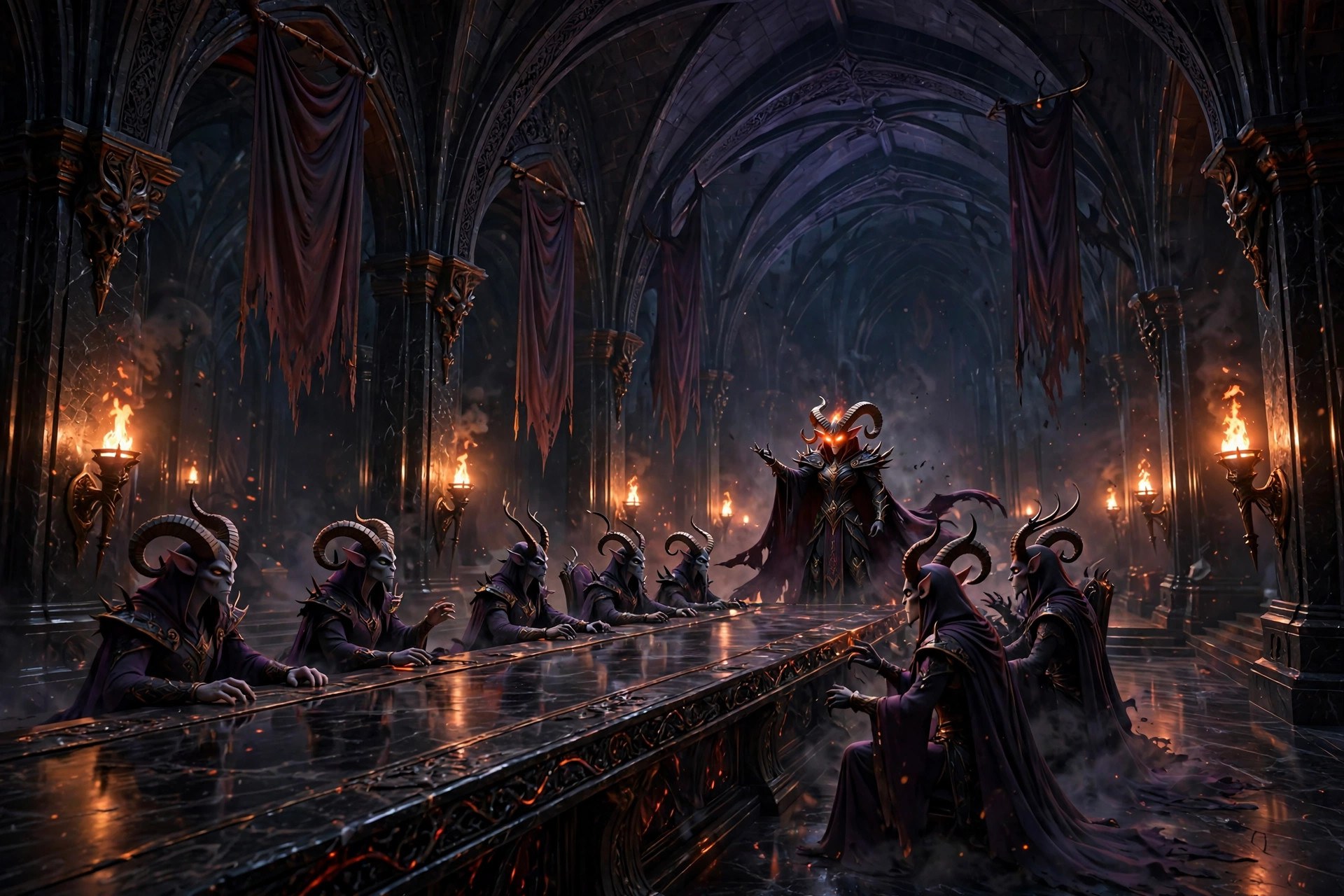 A vast dark hall where an infernal council debates by torchlight