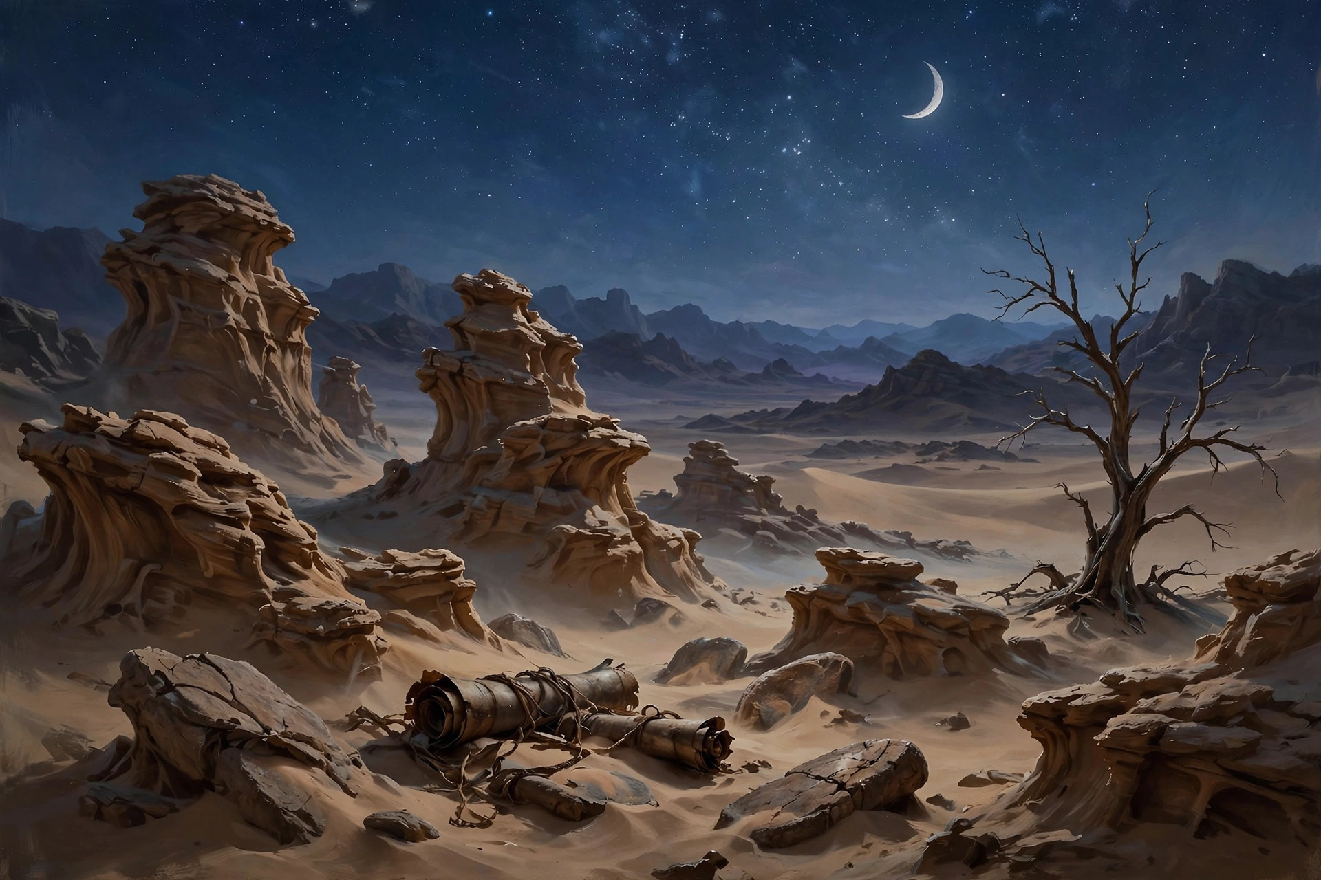 Ancient desert wilderness at night with half-buried scrolls