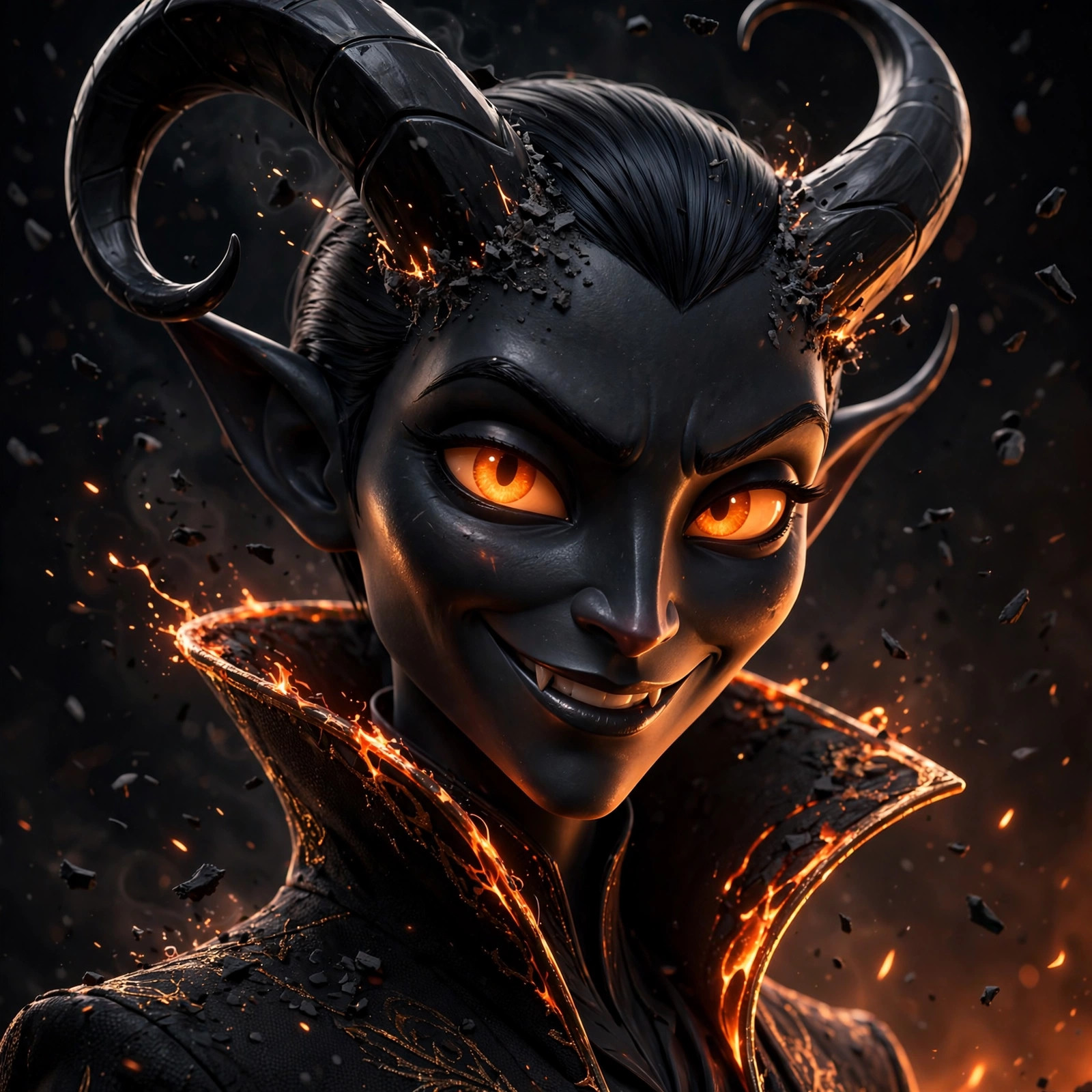 Close portrait of the fictional Satan character's ember-lit face with a sharp grin